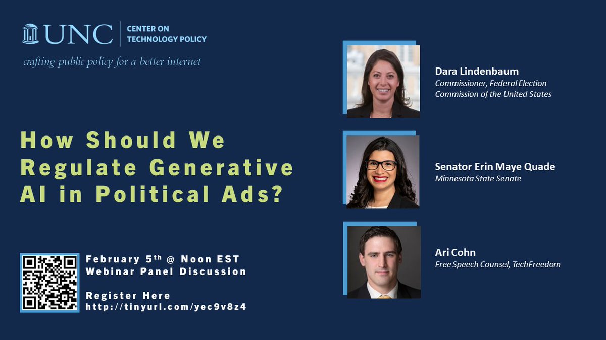 Scott Babwah Brennen (@jsbrennen) on Twitter photo What should we do about GenAI in political ads? Super excited to discuss with <a href="/DaraLind/">Dara Lindenbaum</a>, <a href="/ErinMayeQuade/">Erin Maye Quade</a>, and <a href="/AriCohn/">Ari Cohn</a> next Monday, 2/5 12-1pm EST.
Register here: unc.zoom.us/webinar/regist… What should we do about GenAI in political ads? Super excited to discuss with <a href="/DaraLind/">Dara Lindenbaum</a>, <a href="/ErinMayeQuade/">Erin Maye Quade</a>, and <a href="/AriCohn/">Ari Cohn</a> next Monday, 2/5 12-1pm EST.
Register here: unc.zoom.us/webinar/regist…