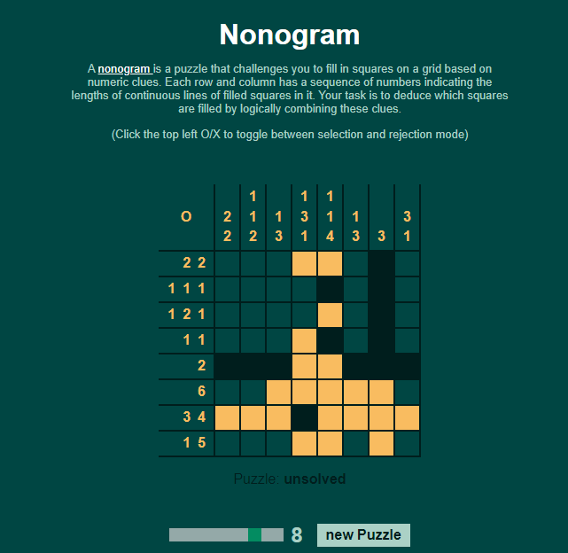 captaindrmorgan's tweet photo. I made a Nonogram @CodePen , check it out :) 

https://t.co/kAFrm3Yri1

#js #css #dev #webdev #puzzle https://t.co/Ahy6cxFCZl