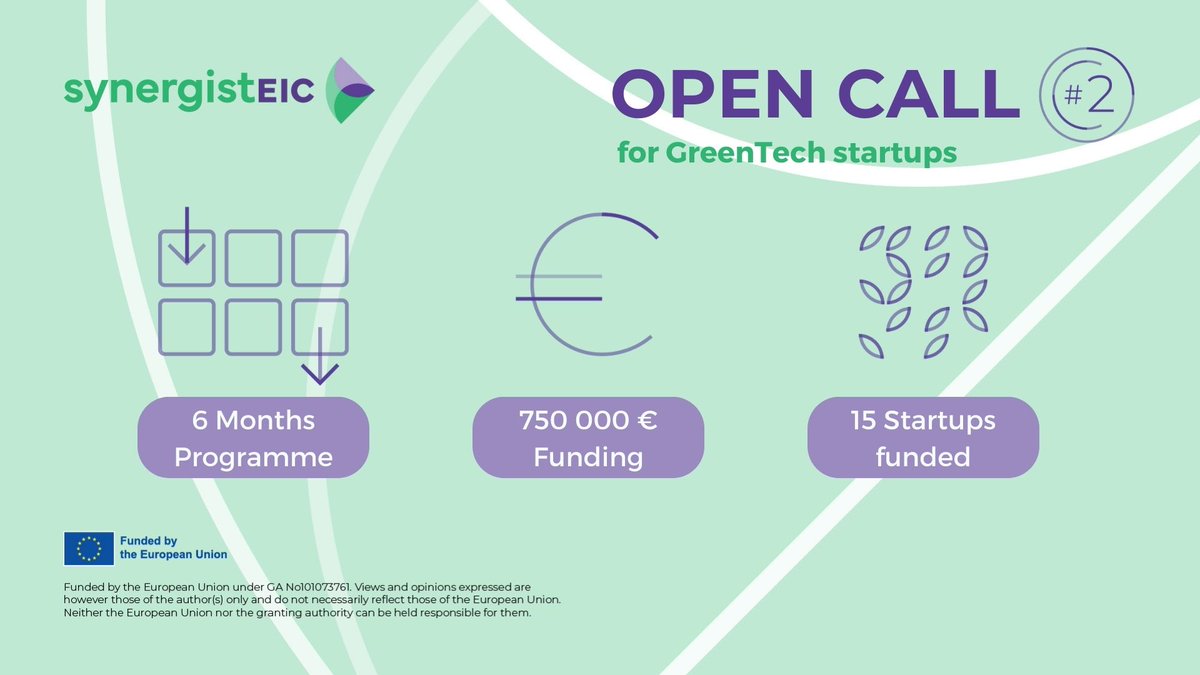 ⚡Do not forget that applications for our second #OpenCall targeting #GreenTech are open!🌱
Check our guidelines of applicants: synergisteic.eu/open-calls/ope… and submit your application on @F6S platform

#StartupOpportunity #GrantFunding #Innovations <a href="/StartUpEU/">Startup Europe & Innovation Radar</a> <a href="/EUeic/">European Innovation Council</a> <a href="/EUgreenresearch/">EU green research</a>