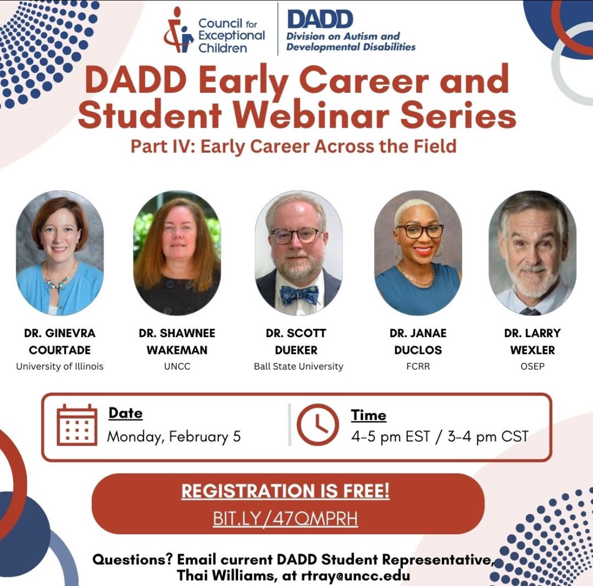ATTN all #SPED #PhD Students! Part IV in the Early Career &amp; Student Webinar series is Monday, Feb 5 at 4-5 pm EST! If you’re interested in hearing from 5 distinguished professionals in the field on the different avenues available once you obtain your PhD, be sure to join us!