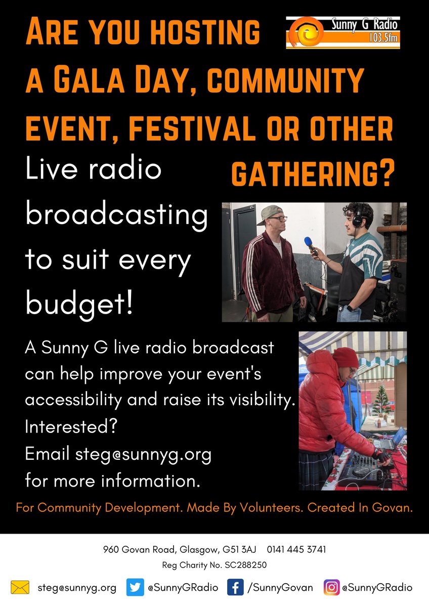 Are you hosting a Gala Day, community event, festival or other gathering? We offer live radio broadcasting to suit every budget! A broadcast can improve your event's accessibility and raise its visibility. Interested? Email steg@sunnyg.org