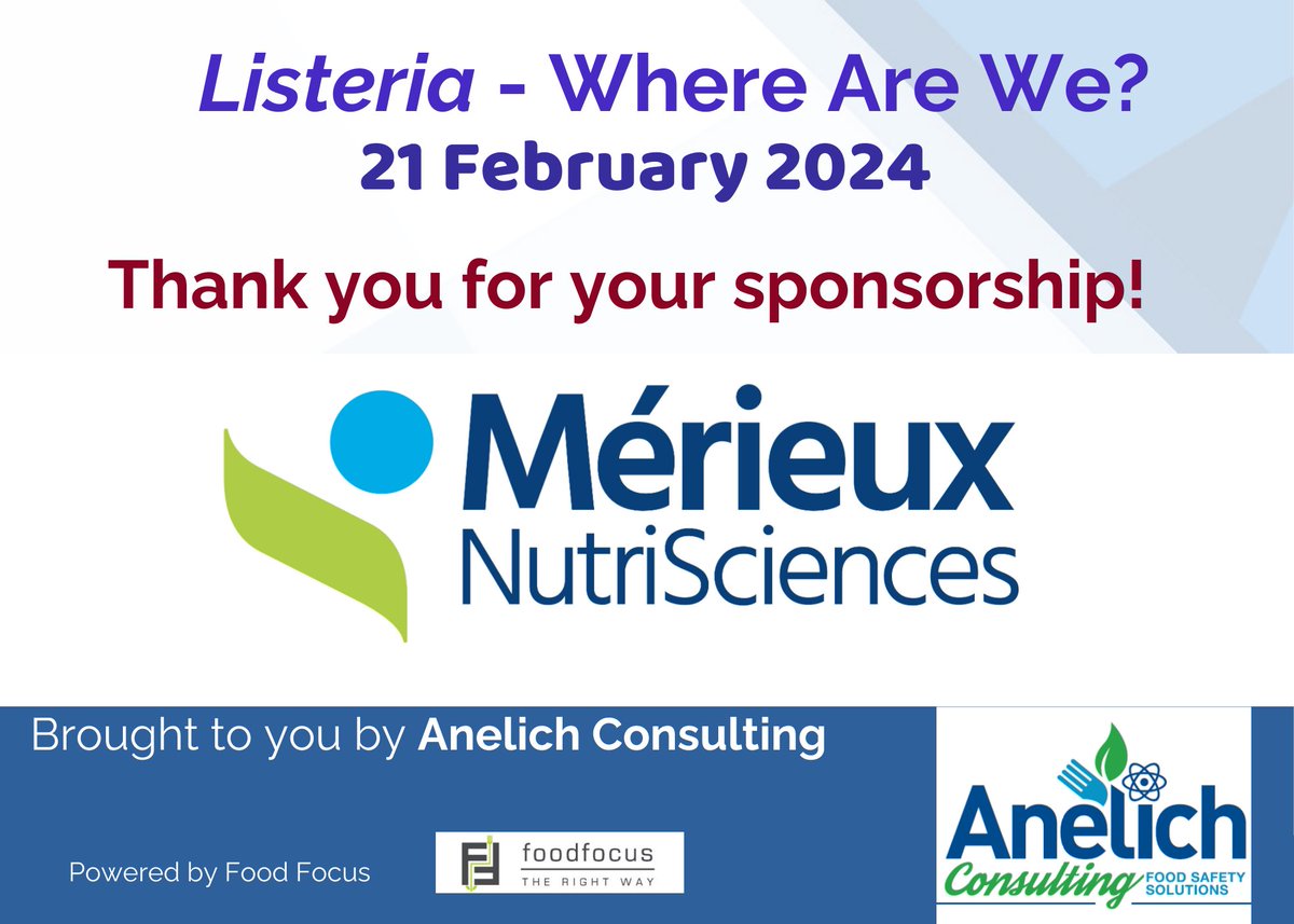 Anelich Consulting (@anelichconsult1) on Twitter photo Listeria seminar 21 Feb 2024 - free and online. Thank you @MerieuxNutrisciences for your sponsorship! #listeria #listeriosis #foodsafety #foodindustry <a href="/wendyknowler/">Wendy Knowler</a> <a href="/_AfricanUnion/">African Union</a> <a href="/SAAFoSTofficial/">SAAFoST</a>
Register: register.gotowebinar.com/register/18807…
Programme: anelichconsulting.co.za/listeria/ Listeria seminar 21 Feb 2024 - free and online. Thank you @MerieuxNutrisciences for your sponsorship! #listeria #listeriosis #foodsafety #foodindustry <a href="/wendyknowler/">Wendy Knowler</a> <a href="/_AfricanUnion/">African Union</a> <a href="/SAAFoSTofficial/">SAAFoST</a>
Register: register.gotowebinar.com/register/18807…
Programme: anelichconsulting.co.za/listeria/