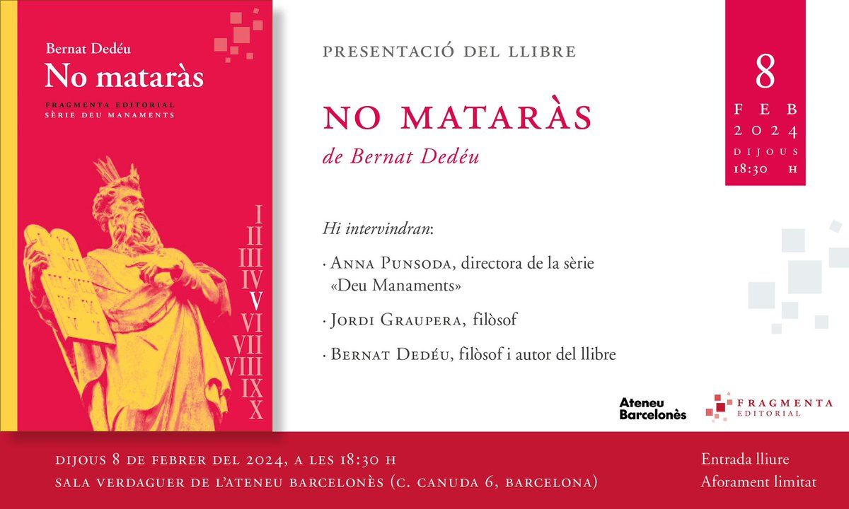 BernatDedeu's tweet photo. El proper dia 8/02, coincidint amb el Dijous gras, presentarem “No Mataràs” a l’@ateneubcn En @JordiGraupera durà les truites de carbassó i d’albergínia. Servidor, les de patata (amb i sense ceba). Encara cal coordinar la botifarra d’ou i d’altres contingències. @FragmentaEd https://t.co/2CMsiJXvg4