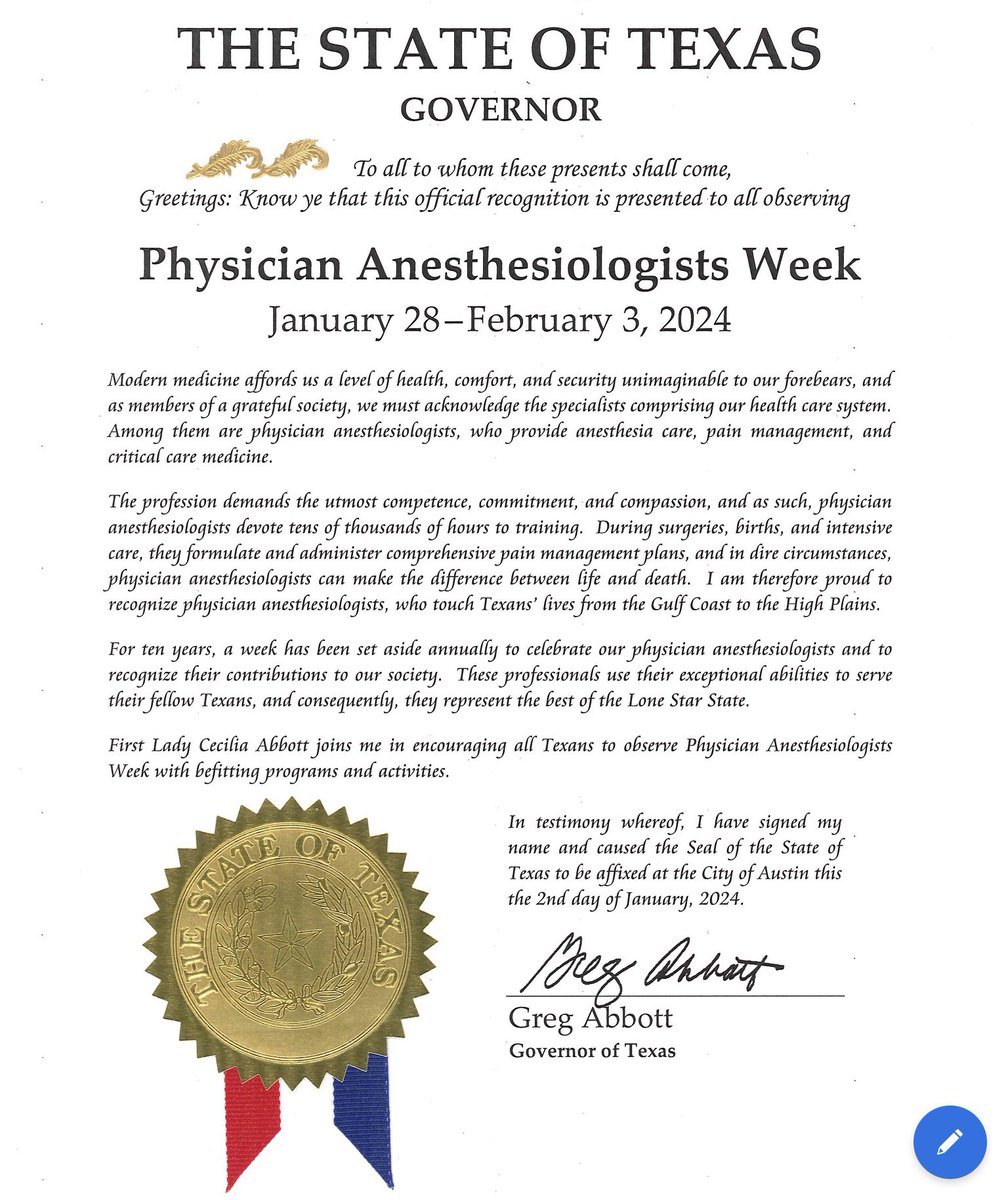 It’s official! Thank you @GovAbbott for recognizing January 28-February 3, 2024 as Physician Anesthesiologists week in Texas! The TSA is ready for a great year under the leadership of @udaya_bhaskar49!