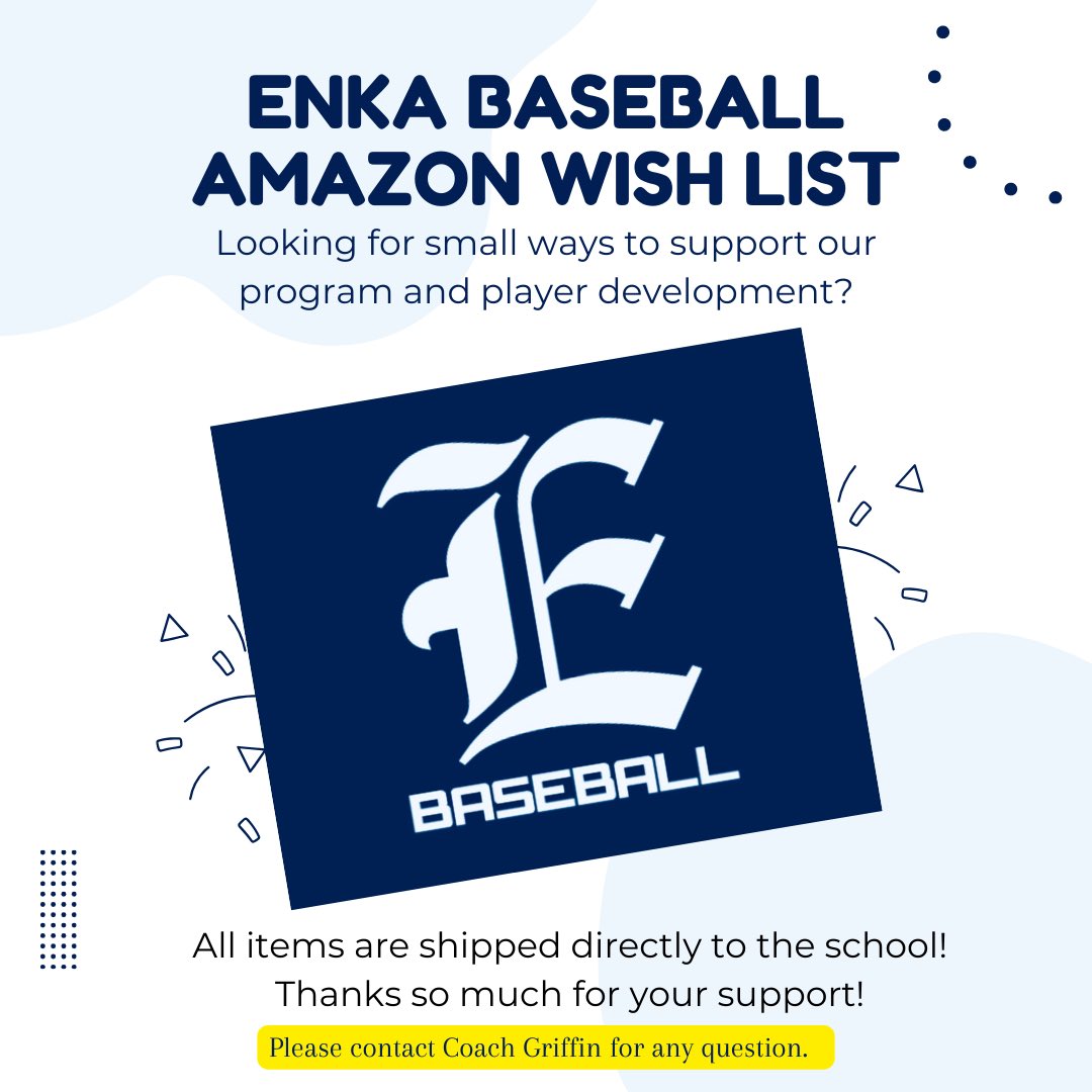 2024 Enka Baseball Amazon Wishlist. All items are shipped directly to our school. We thank you again in advance for your support of our program. 

Link: amazon.com/hz/wishlist/ls…

#ProudToBeAJet ✈️