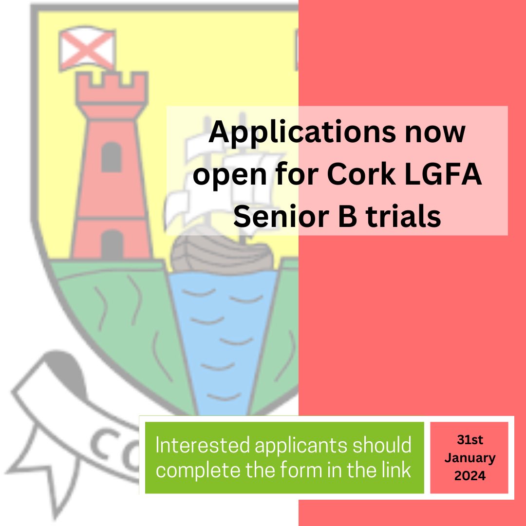 ‼️Applications for Senior B team trials are open‼️

Trials are open to all interested Cork LGFA Adult players and need to be registered with their clubs and the LGFA.

Apply via the link: docs.google.com/forms/d/15LMAw…