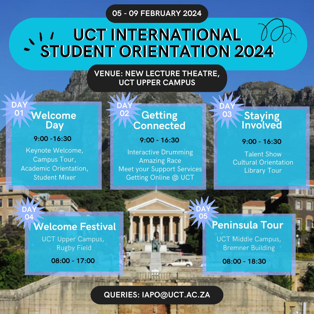 UCTGlobal's tweet photo. Calling all UCT international students to join us for an exciting and informative student orientation taking place next week 5-9 Feb 2024! We have great things planned & look forward to welcoming you to UCT. #dontmissout #welcome #getconnected #stayinginvolved #welcomefestival https://t.co/0EEDTsDjB7
