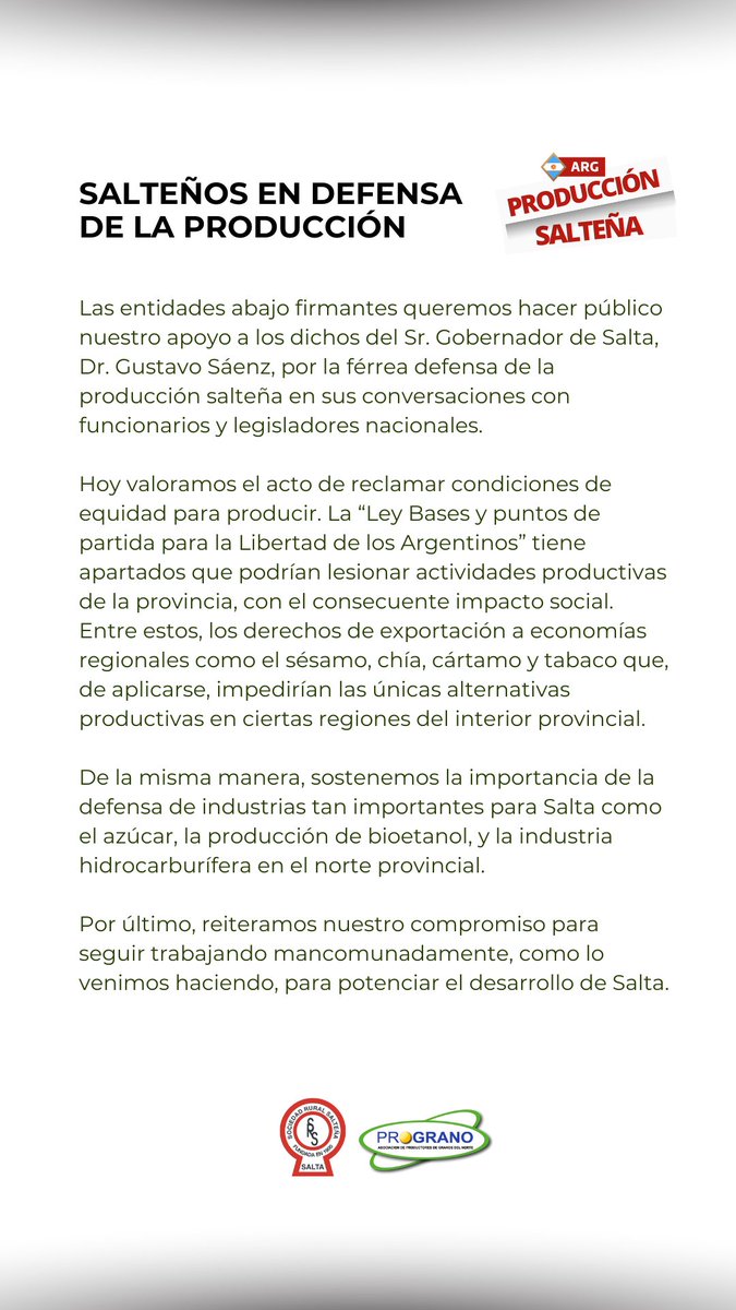 Compartimos comunicado conjunto de las entidades agropecuarias de Salta en defensa de la producción salteña.