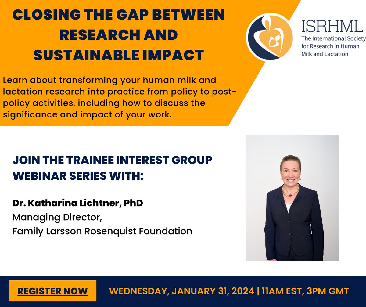 ISRHML Trainee Interest Group Webinar 'Closing the Gap Between Research and Sustainable Impact' by Dr. Katharina Lichtner | Wednesday, January 31st, 2024 @ 11am EST, 3pm GMT Please register for the webinar using this link here: us06web.zoom.us/meeting/regist…