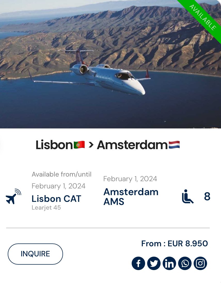 ⚠️ PRIVATE JET DEAL ⚠️
Lisbon🇵🇹 > Amsterdam🇳🇱
01 FEB 2024
t.ly/6KCUA

#PrivateJetDeals #privatejet #jetcharter #LastMinuteJet #JetSetLife #LuxuryTravelDeals #emptyleg #follow #netherlands #rotterdam #travel #luxury #business #amsterdam #lisbon #portugal