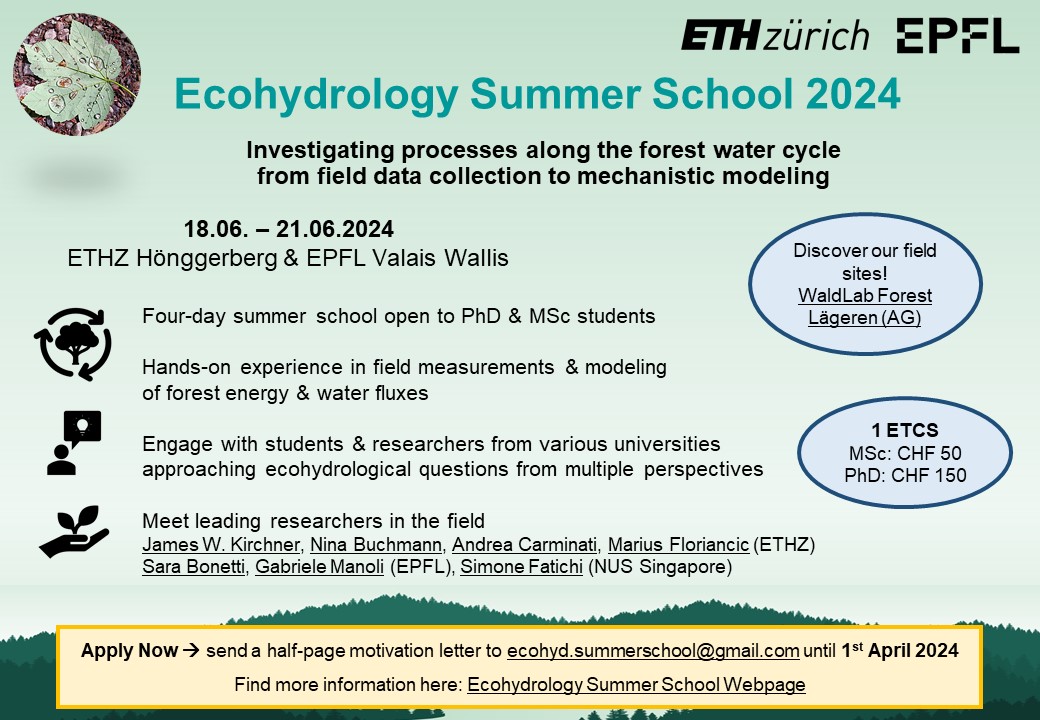 Happy to share that we will host a 4-day @ETH_en @EPFL_en summer school for PhD and MSc students this June (18. - 21.06.) at out @waldlabor field site! Apply until April 1st! More information: hyd.ifu.ethz.ch/education/Ecoh…