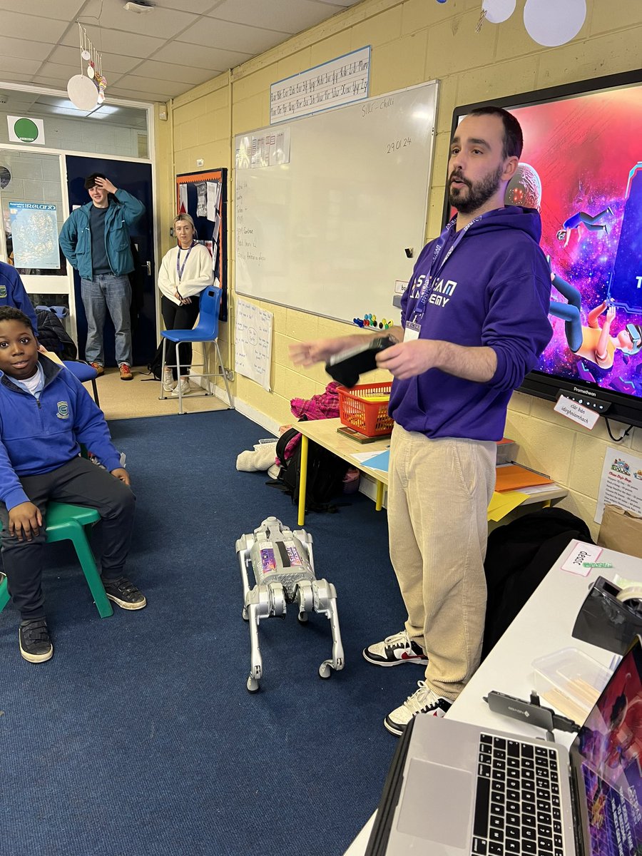 Joao Reis, Katie Hennessy and Finn O'Neill from STEAM Academy took the classes on a journey through coding, gaming and AI today. The children got to meet their robot dog which was very exciting. The dog got up to all sorts of tricks! <a href="/STEAMAcademyPro/">STEAM Academy</a>