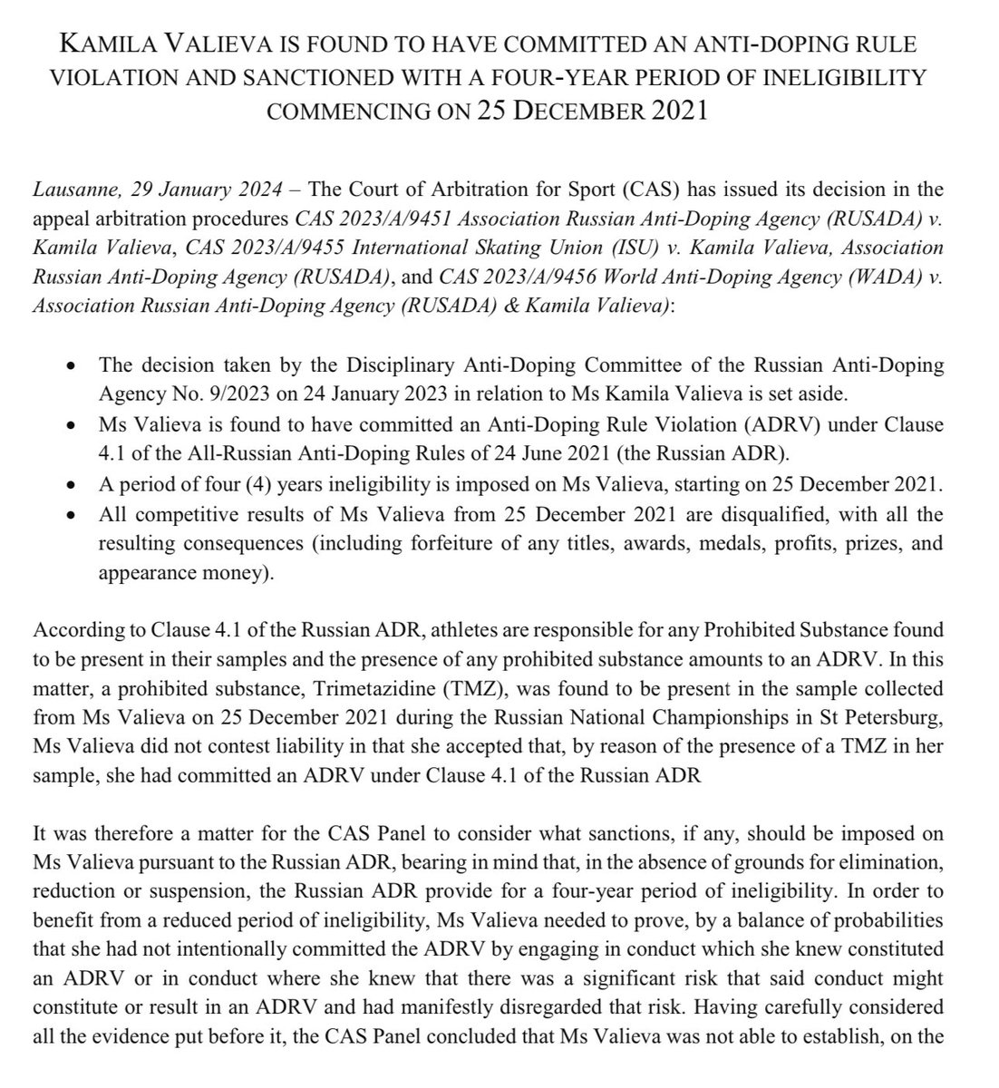 rockerskating's tweet image. “Kamila Valieva is found to have committed an anti-doping rule violation &amp;amp; sanctioned to a 4-year period of ineligibility commencing on 25 Dec 2021

“All competitive results … from 25 Dec 2021 are disqualified”

ISU &amp;amp; IOC will figure out the #Beijing2022 medals

Full ruling: