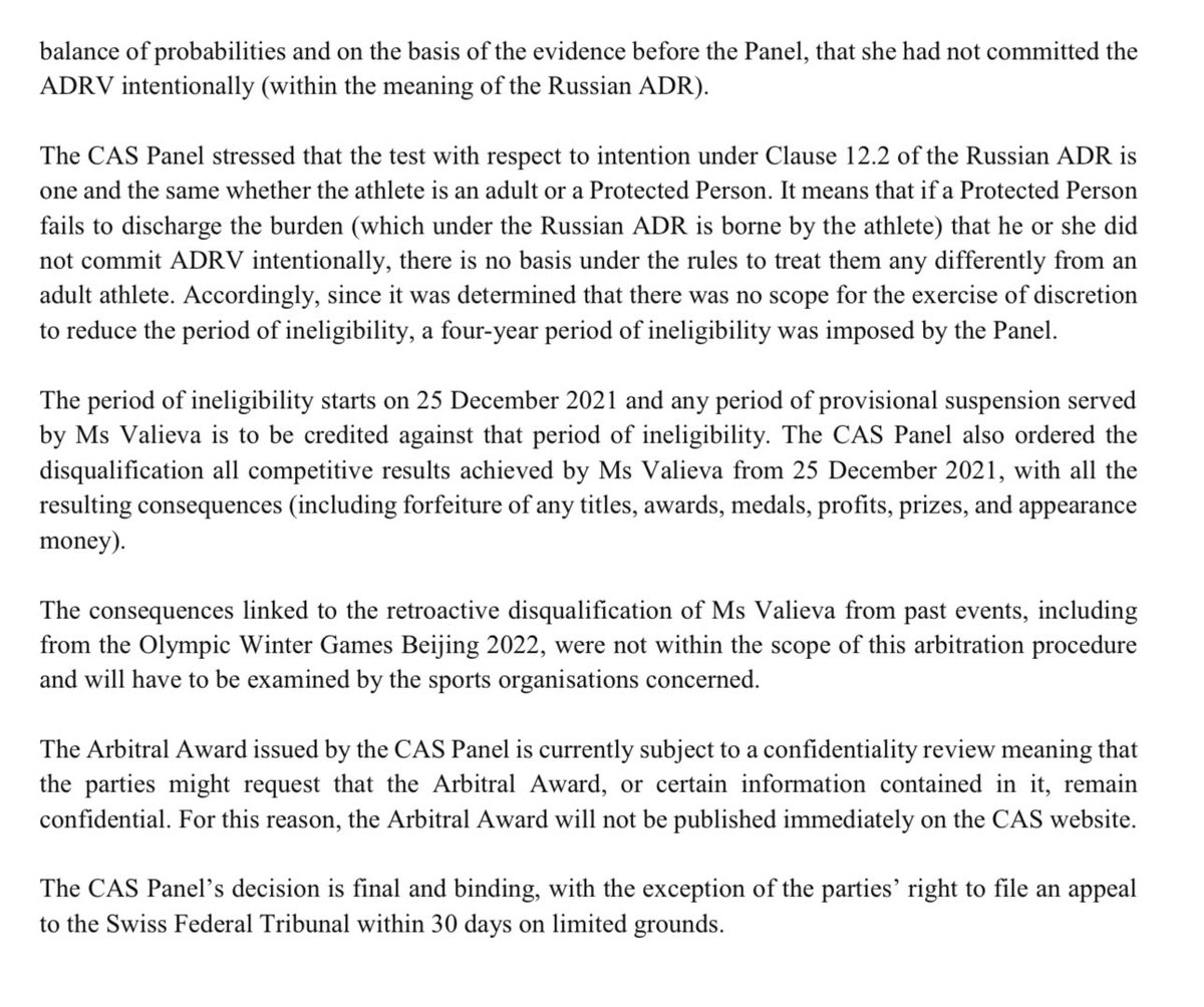 “Kamila Valieva is found to have committed an anti-doping rule violation & sanctioned to a 4-year period of ineligibility commencing on 25 Dec 2021

“All competitive results … from 25 Dec 2021 are disqualified”

ISU & IOC will figure out the #Beijing2022 medals

Full ruling: