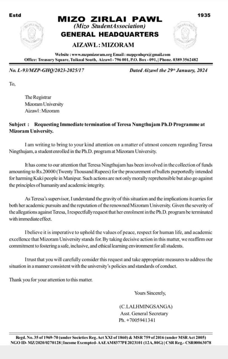 🚨 #Manipur: Crazy Mizos after threatening all #Meiteis to leave #Mizoram, are now asking to terminate a minority #Meitei PhD student from <a href="/mizoramuni/">Mizoram University</a> 🚨

Communal mindset and ethnocentric mindset among Mizos are causing unnecessary frictions with other communities.

She went to