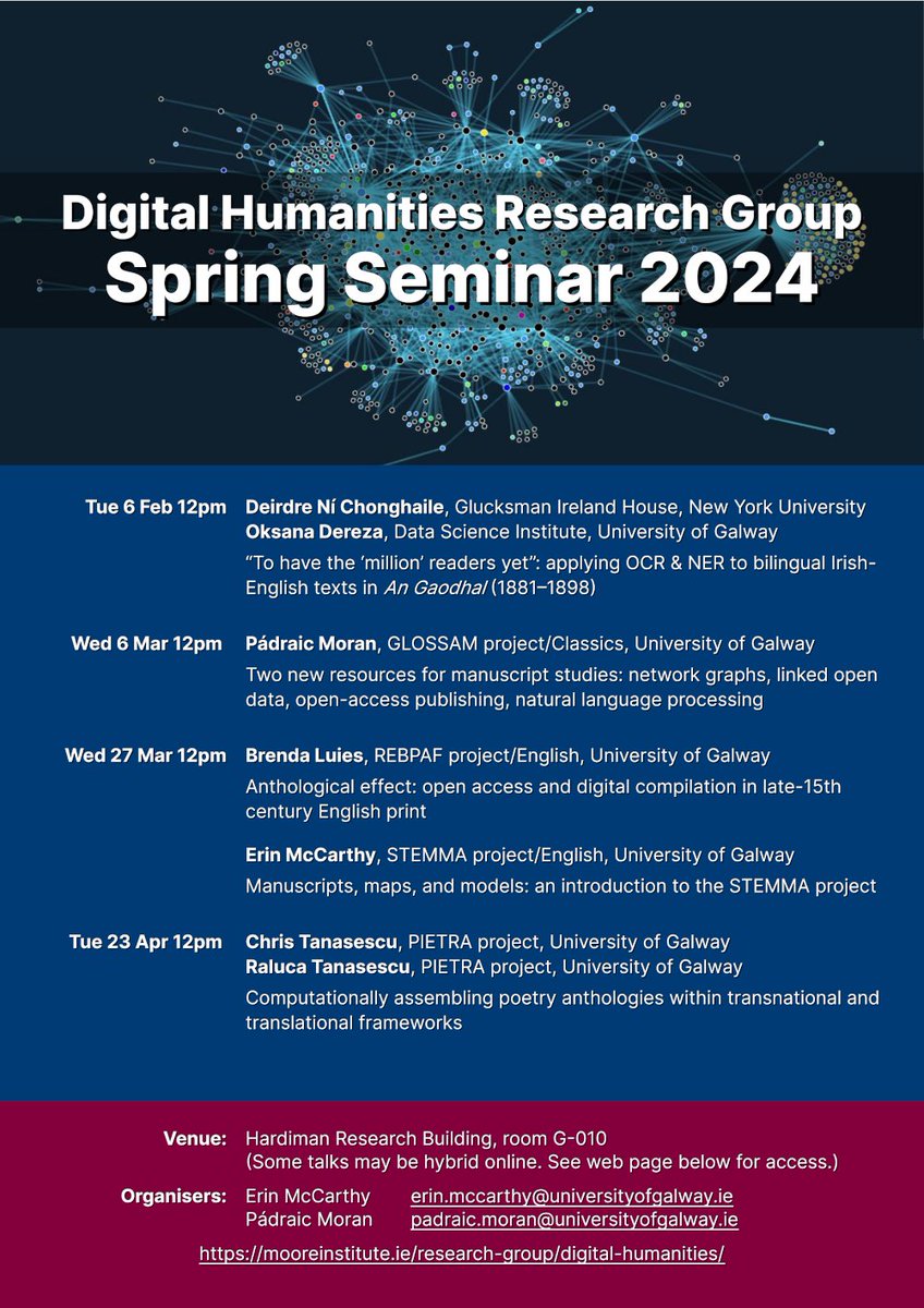 Programme for this semester's Digital Humanities #DigitalResearch Seminar @galwayCASSCS, starting Tues 6 Feb. For Zoom access: forms.office.com/e/CvkPkh39sJ @Galway_Research @uniofgalway