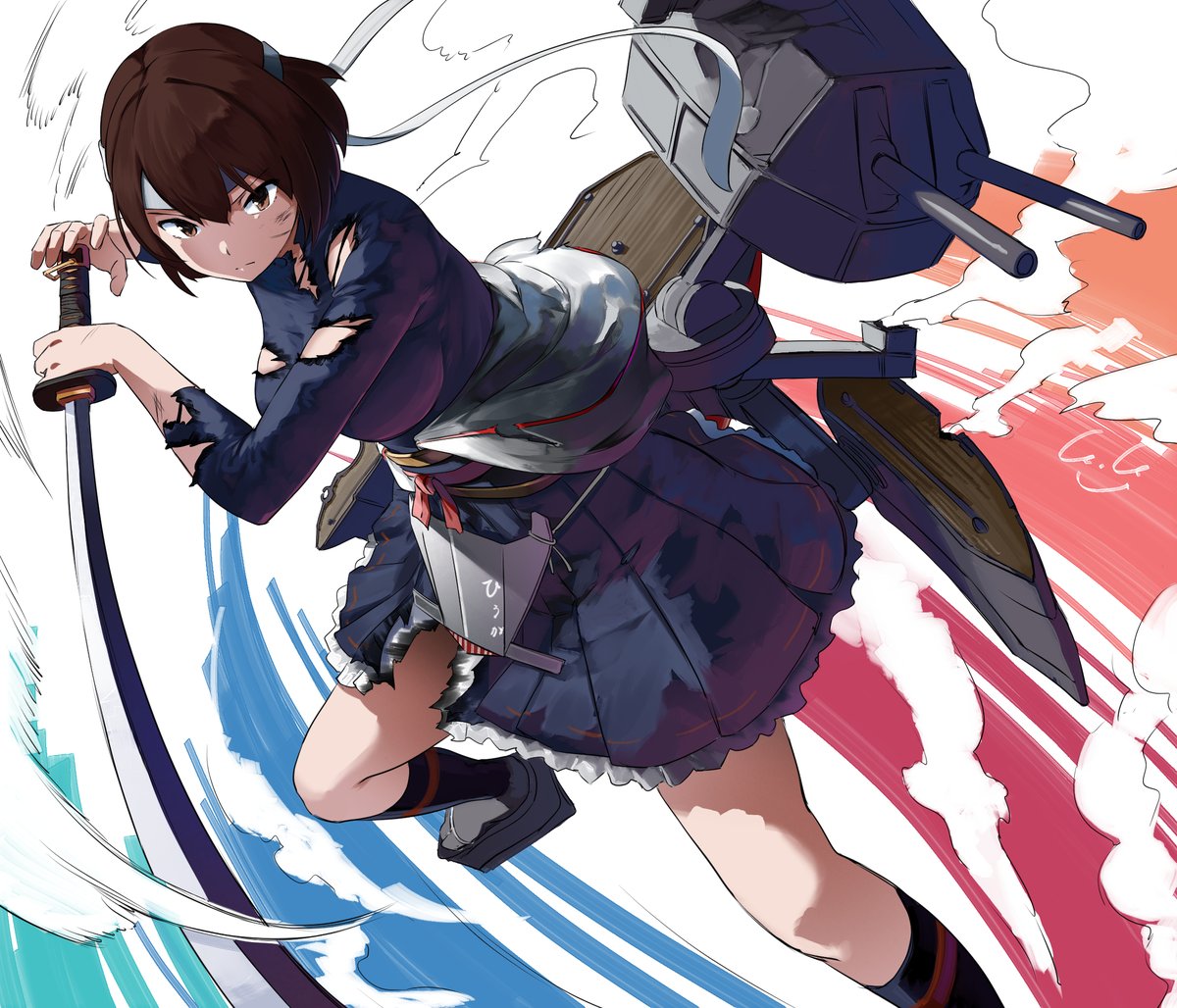 hyuuga (kancolle) 1girl solo weapon brown hair sword brown eyes torn clothes  illustration images