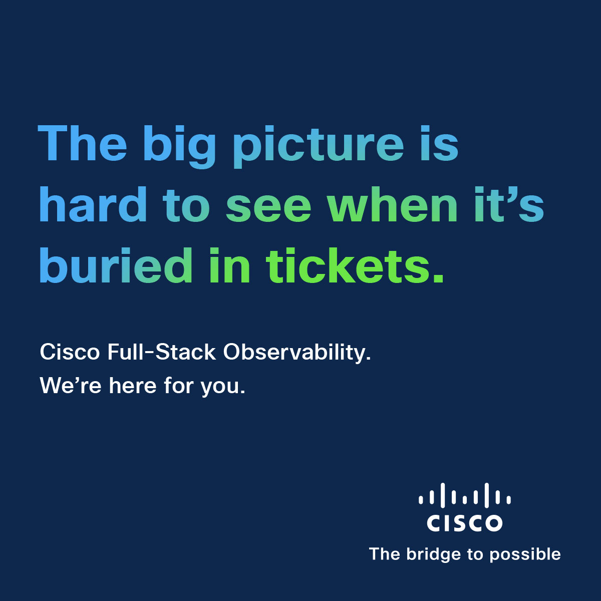 c_canfield's tweet photo. The big picture is hard to see when it's buried in tickets. Give your IT teams control with full stack observability. Prioritize issues affecting users, revenue, business risks, and costs. 

Cisco Full-Stack Observability. We're here for you. Learn more at https://t.co/wVHmSjjWcE https://t.co/y89kukuL6T