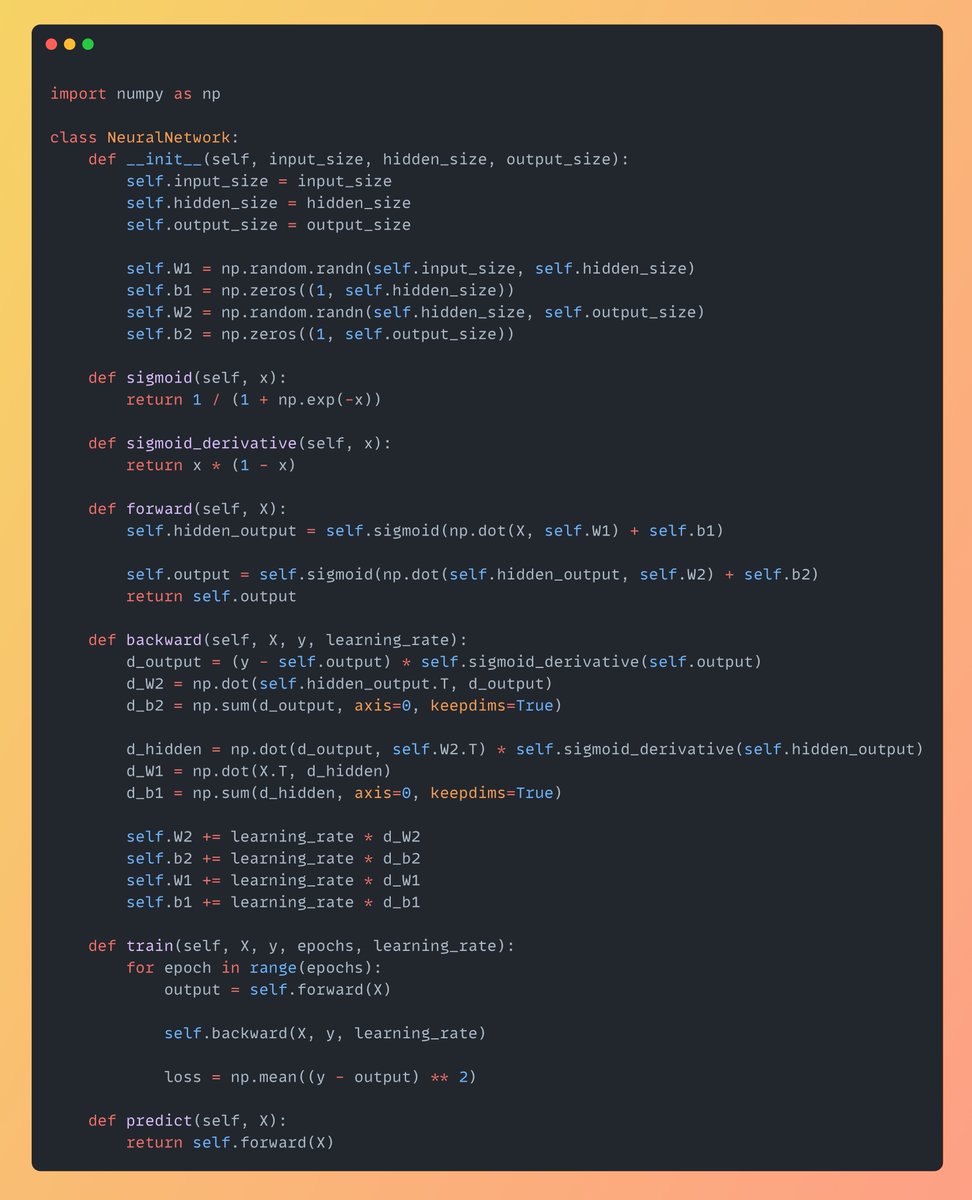 Sumanth_077's tweet image. Neural Network implemented from scratch in Python🔥
Here is the step by step explanation with code.
Thread🧵👇