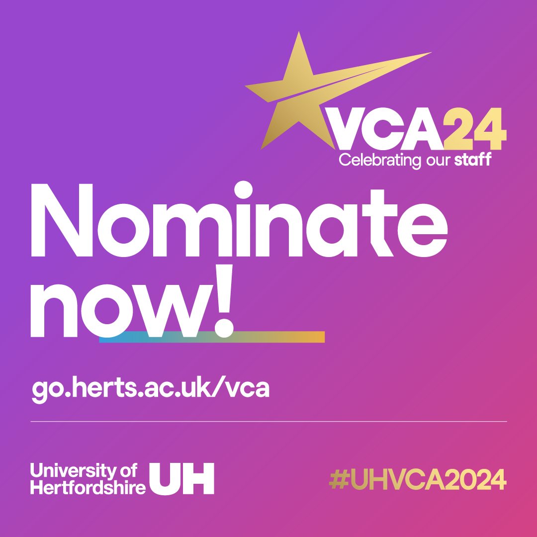 The Vice-Chancellor's Awards are now open for nominations 🌟 This is your chance to celebrate and recognise our amazing staff. If you know someone who has made a difference to your Herts experience - nominate them today! #UHVCA2024

bit.ly/3RNS9FS
