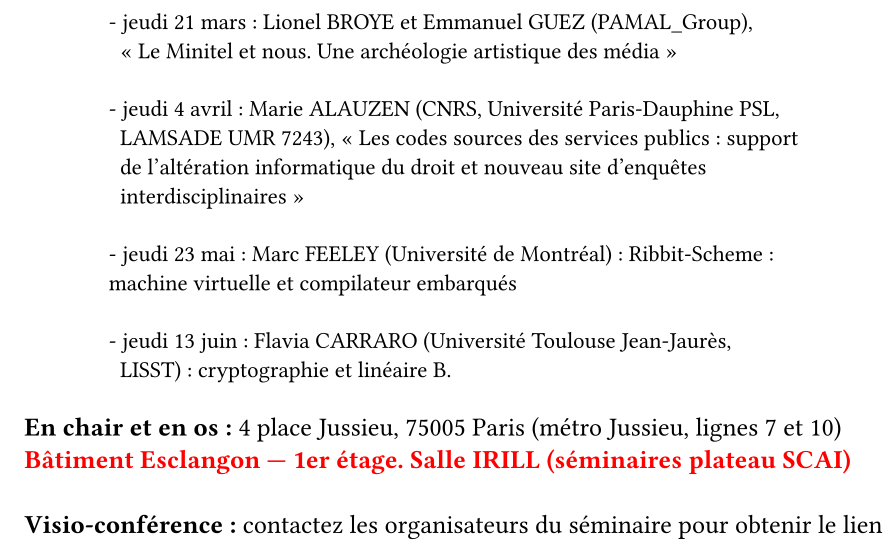 SemCodesSources's tweet photo. Cher public, le programme de cette année s'est fait attendre, mais le voici !

On se retrouve donc le 21 mars à 14h, à Jussieu ou en visio. Et bien sûr, retrouvez nos archives sur https://t.co/xZxowf0JTo

cc @laubloch https://t.co/7RWgsjzBrQ