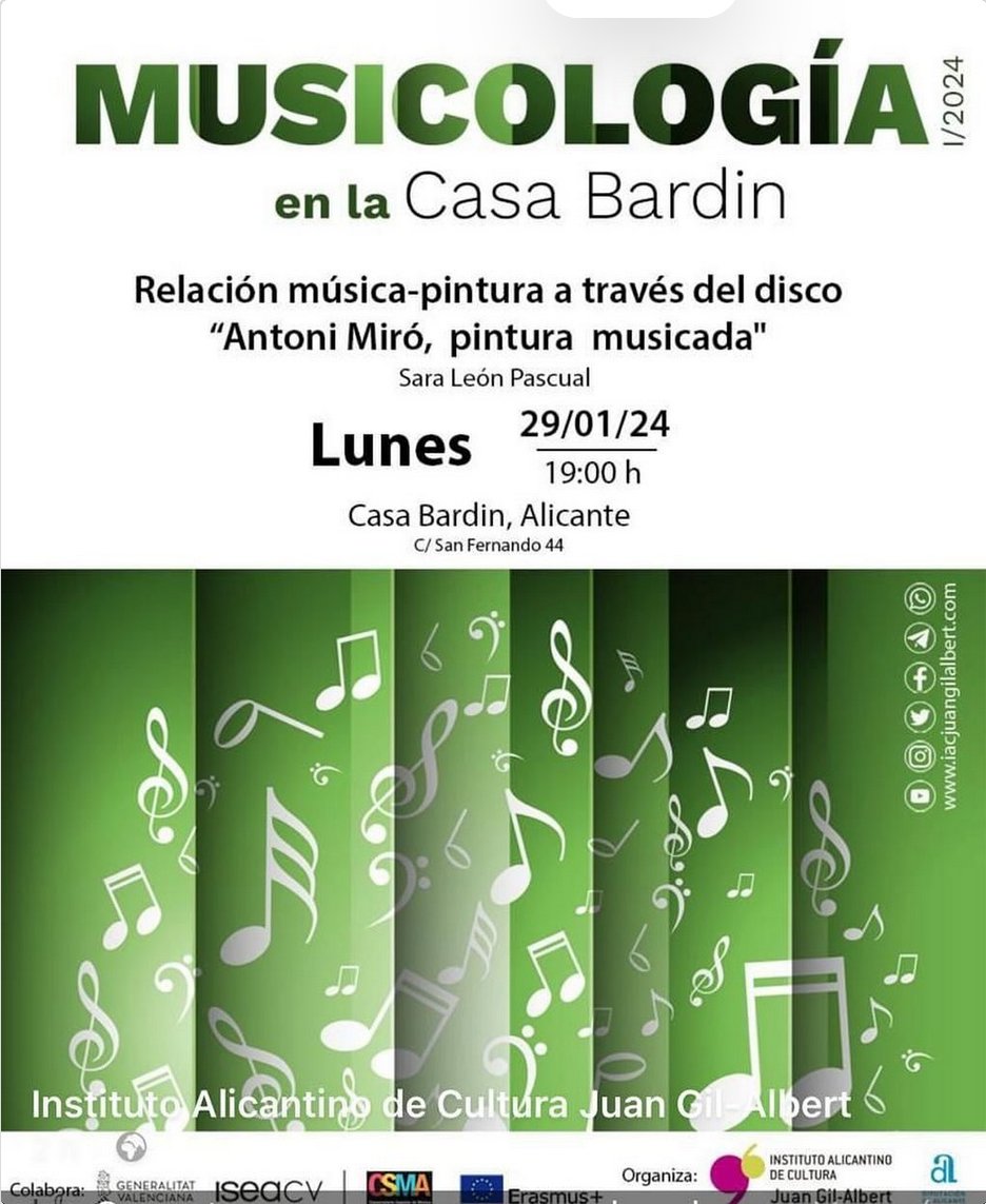Antoni Miró (@antonimiro) on Twitter photo Aquesta vesprada, 19 h, Sara León impartirà la conferència #Musicologia “Relació música-pintura mitjançant el disc Antoni Miró. Pintura Musicada” dins dels Cicles Musicals del Conservatori Oscar Esplà que organitza <a href="/GilAlbertIAC/">IAC Juan Gil-Albert</a> i <a href="/dipuAlicante/">Diputación de Alicante</a>
youtube.com/playlist?list=… Aquesta vesprada, 19 h, Sara León impartirà la conferència #Musicologia “Relació música-pintura mitjançant el disc Antoni Miró. Pintura Musicada” dins dels Cicles Musicals del Conservatori Oscar Esplà que organitza <a href="/GilAlbertIAC/">IAC Juan Gil-Albert</a> i <a href="/dipuAlicante/">Diputación de Alicante</a>
youtube.com/playlist?list=…