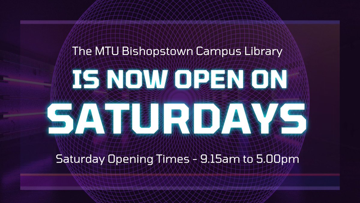 Did you know that the MTU Bishopstown campus library is now open on Saturdays from 9.15am to 5.00pm. Check out the opening times of all campus libraries at library.cit.ie and library.ittralee.ie @MTU_ie @MTU_CorkSU @kavanagh_isobel