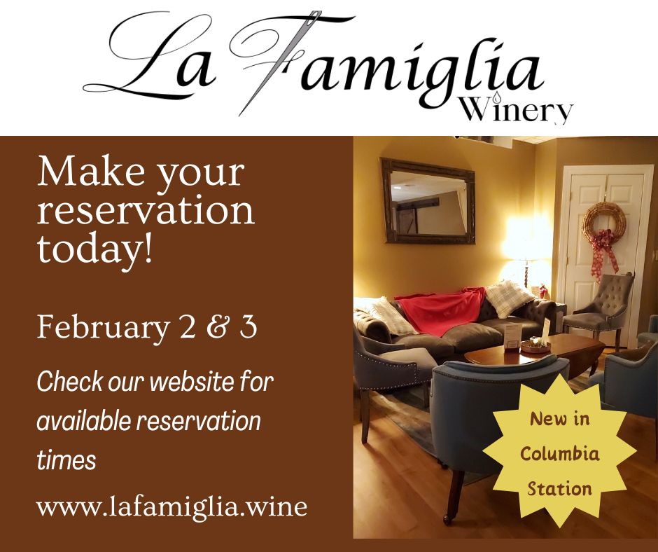 Warm up with some wine this weekend!
Feb. 2nd 5:30 - 9:30 & Feb. 3rd from 3:00- 9:30.  Check the website for available reservation times!🍷❄️
For parties larger than 6 just give us a call  440 - 236-8700
#columbiastation  #ohiowinery #ohiowines #ohiowine