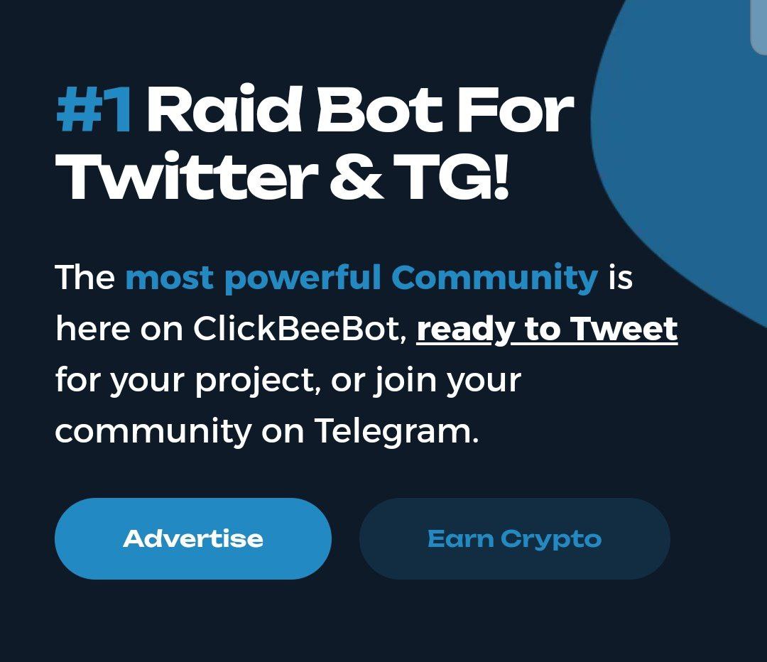 • Human-powered Twitter Raids with 
<a href="/ClickBee_/">ClickBee.io</a>
 📢

🧠 Tweet2Earn - This new trending feature is leveraging the power of our 3M+ raiders to go viral on twitter!  

Start using ClickBeeBot today!
<a href="/ClickBee_/">ClickBee.io</a>
 👈

#TwitterRaids #Tweet2Earn #ClickBeeBot