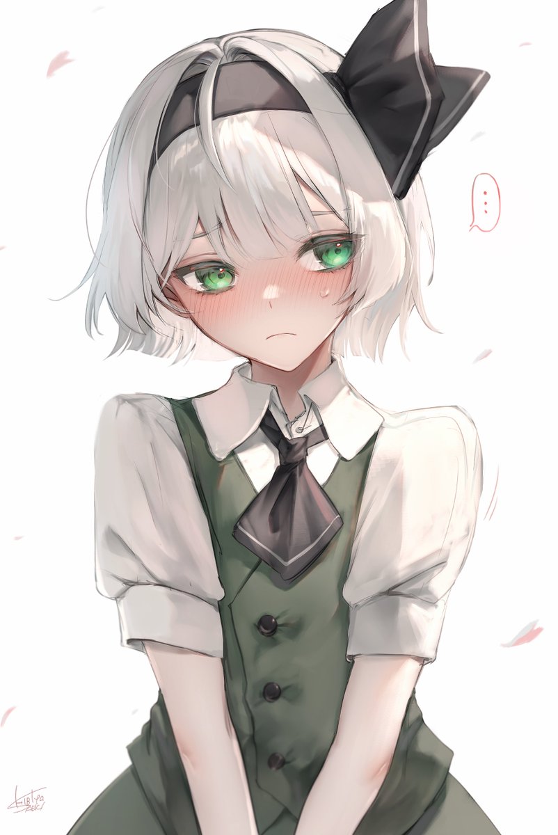 konpaku youmu 1girl solo green eyes blush short hair white background shirt  illustration images