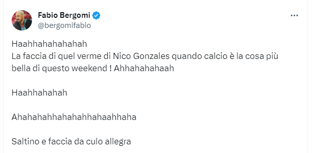SSD19801's tweet photo. Se #nicogonzales venisse a sapere di questo post di @bergomifabio (tramite amici, screen o dalla @acffiorentina ha poca differenza) e decidesse di querelare ci sarebbe da ridere fino alla fine del mondo. https://t.co/Srhkps59MO