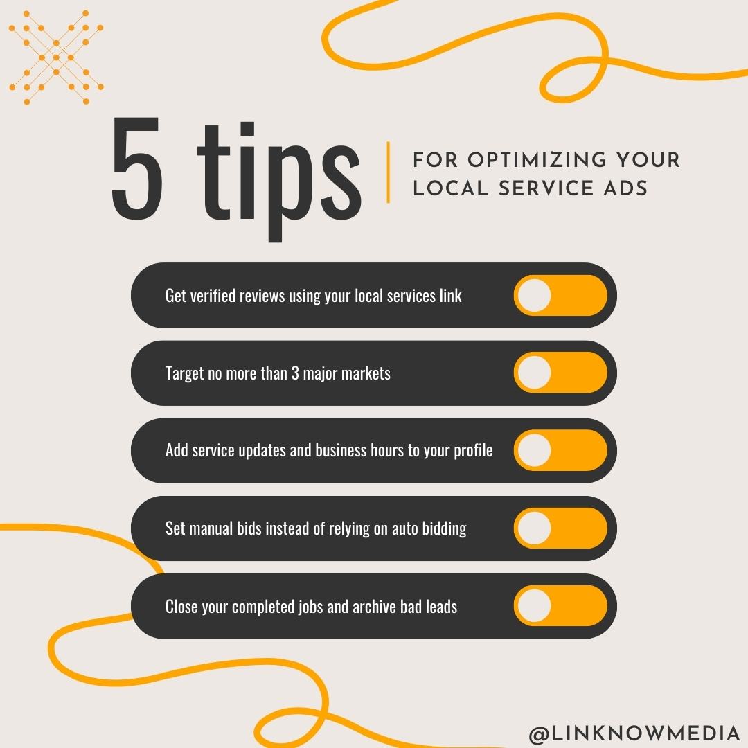 linknowmedia's tweet image. 📞If your Local Service Ads campaign is up and running but still not generating the leads you hoped for, try optimizing it with these 5 tips📈

👉And remember to follow LinkNow for more insight into SEO and marketing!

#LocalServiceAds #GoogleAds #GoogleGuarantee #Bidding