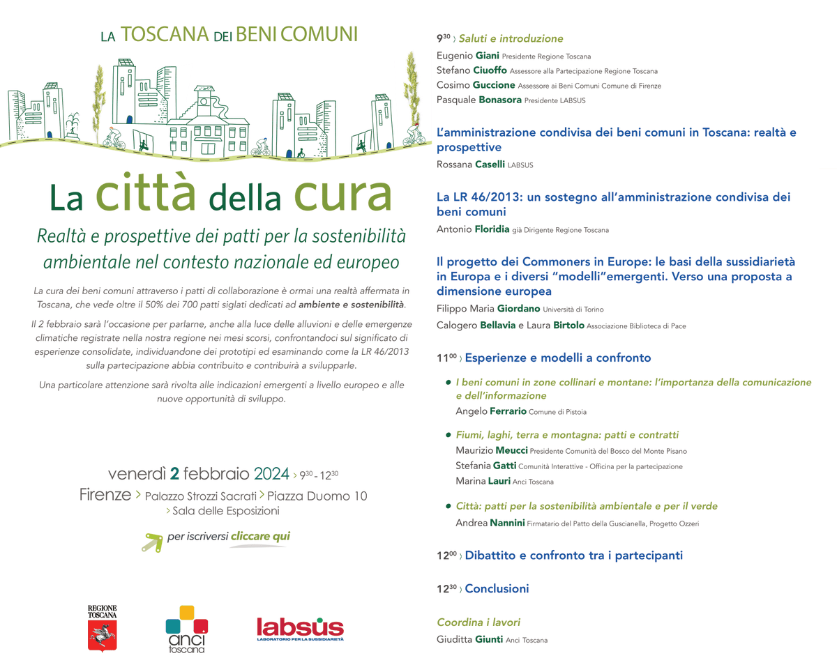 AnciToscana's tweet photo. Venerdì 2 febbraio si terrà a Firenze, a Palazzo Strozzi Sacrati, un convegno sullo stato di avanzamento dell'#amministrazione #condivisa dei #beni #comuni, con un focus sui patti dedicati a #sostenibilità e #ambiente
➡️ Programma e link per iscriversi https://t.co/vOKmcsRZaq https://t.co/anTmK6wx1U
