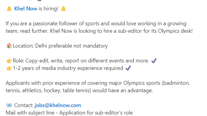 KhelNow's tweet photo. Khel Now is hiring! 🚨🚨

If you think you're perfect for the role, please drop your resume! 👇

#Hiring #JobSearch #sportsjobs #journalism #jobalert #job #journalists #hiringalert @KhelNow https://t.co/RQ9SOzBBxt