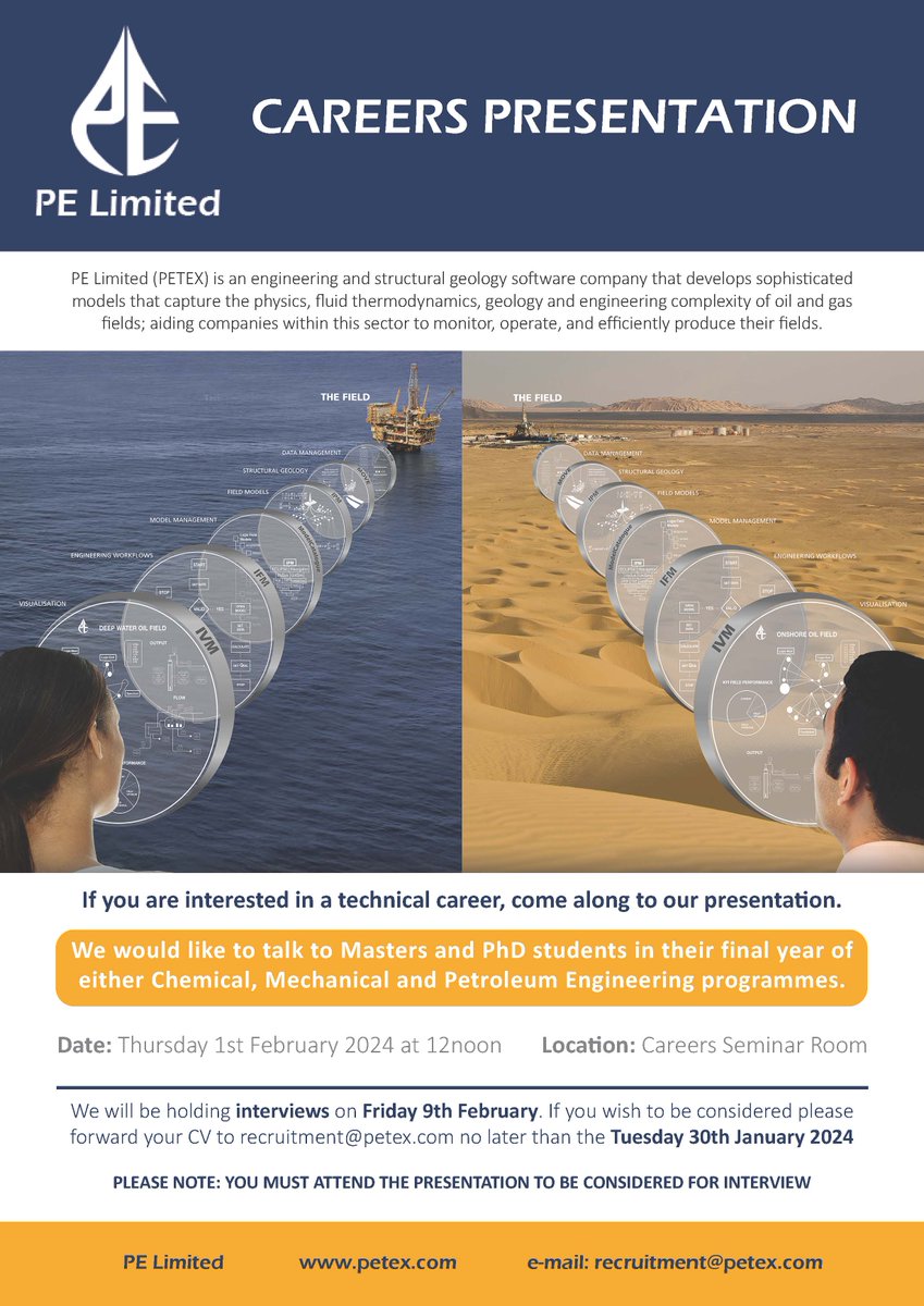 Just a quick reminder of our Graduate recruitment presentation taking place this Thursday at 12pm! Further information can be found on the attached leaflet.
If you have any other queries, DM us or reach out to us at recruitment@petex.com. We look forward to meeting you there!