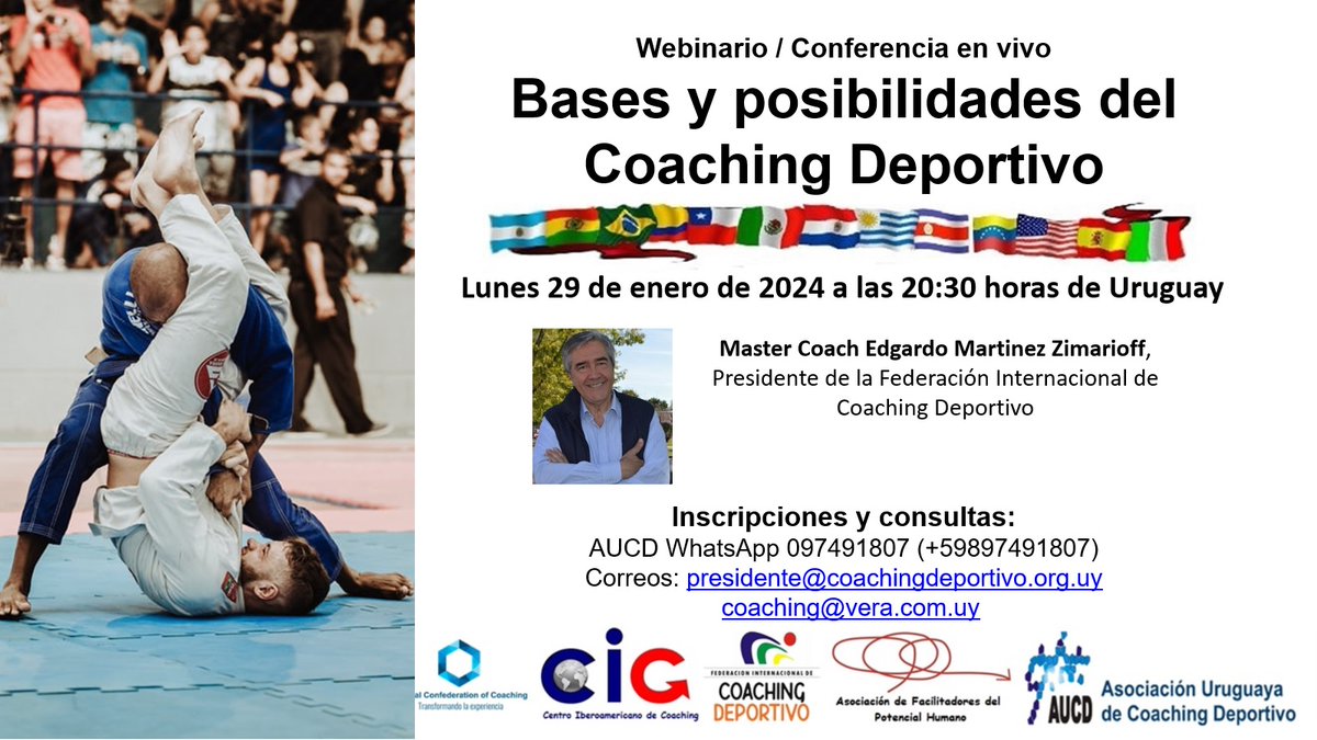 Hoy lunes 29 es tu oportunidad de acceder al Webinario de coaching deportivo,
Participando en el evento (2 horas de duración) podrás acceder a un e book sobre el tema y un certificado académico.
El costo es ínfimo, apenas 8 dólares.
Es una actividad de la AUCD. WhatsApp 097491807
