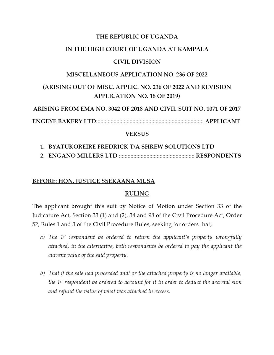 TriteLawUG's tweet photo. Ssekana J✍️Court Bailiffs, Not Agents of Judgment Creditor, but Representative of High Court Registrar; Orders Bailiff  to pay  400M for Unlawfully attached property , 100M Punitive Damages to Judgment Debtor , 20M Decretal Sum to Judgment Creditor &amp; Arrest him 4 Theft/Conversion https://t.co/kDaK7Uw9Gr