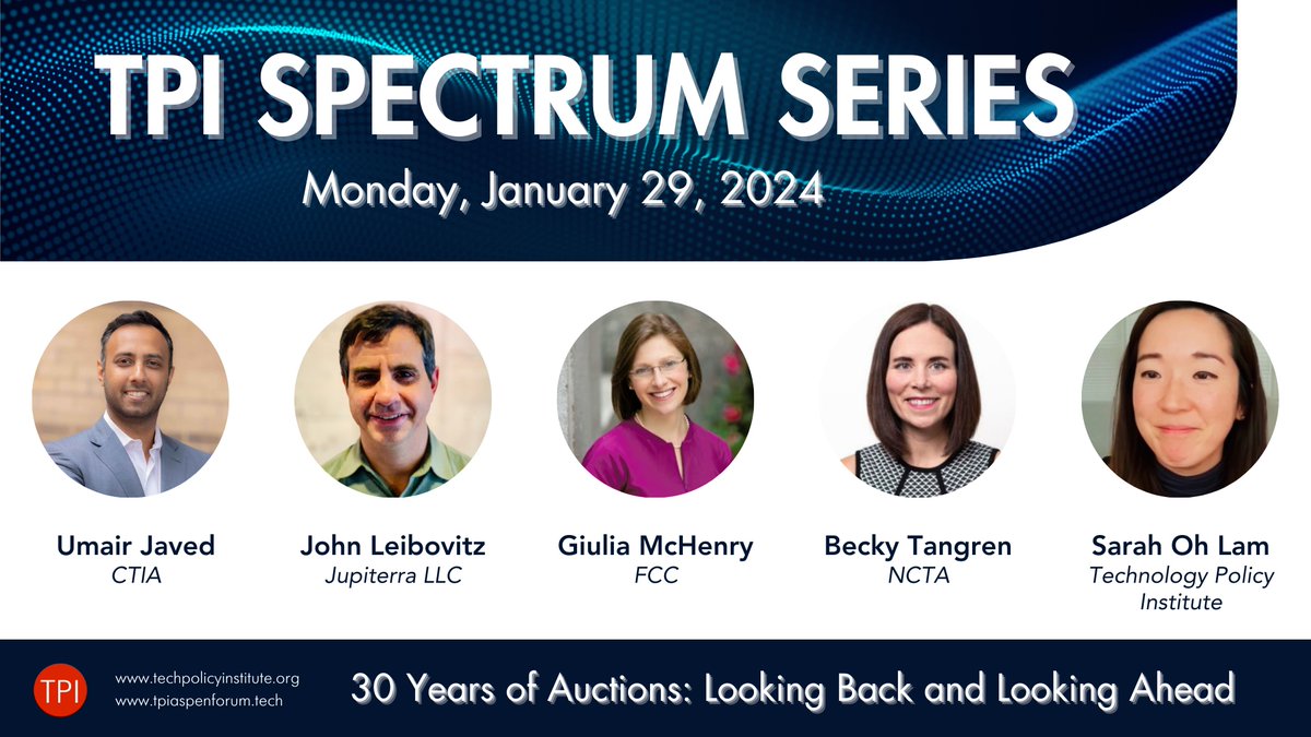 Tune in today at 10 am ET! '30 Yrs of Auctions: Looking Back & Looking Ahead' with Umair Javed, John Leibovitz, Giulia McHenry, Becky Tangren, Sarah Oh Lam, Zoom webinar link: techpolicyinstitute-org.zoom.us/j/86237309485