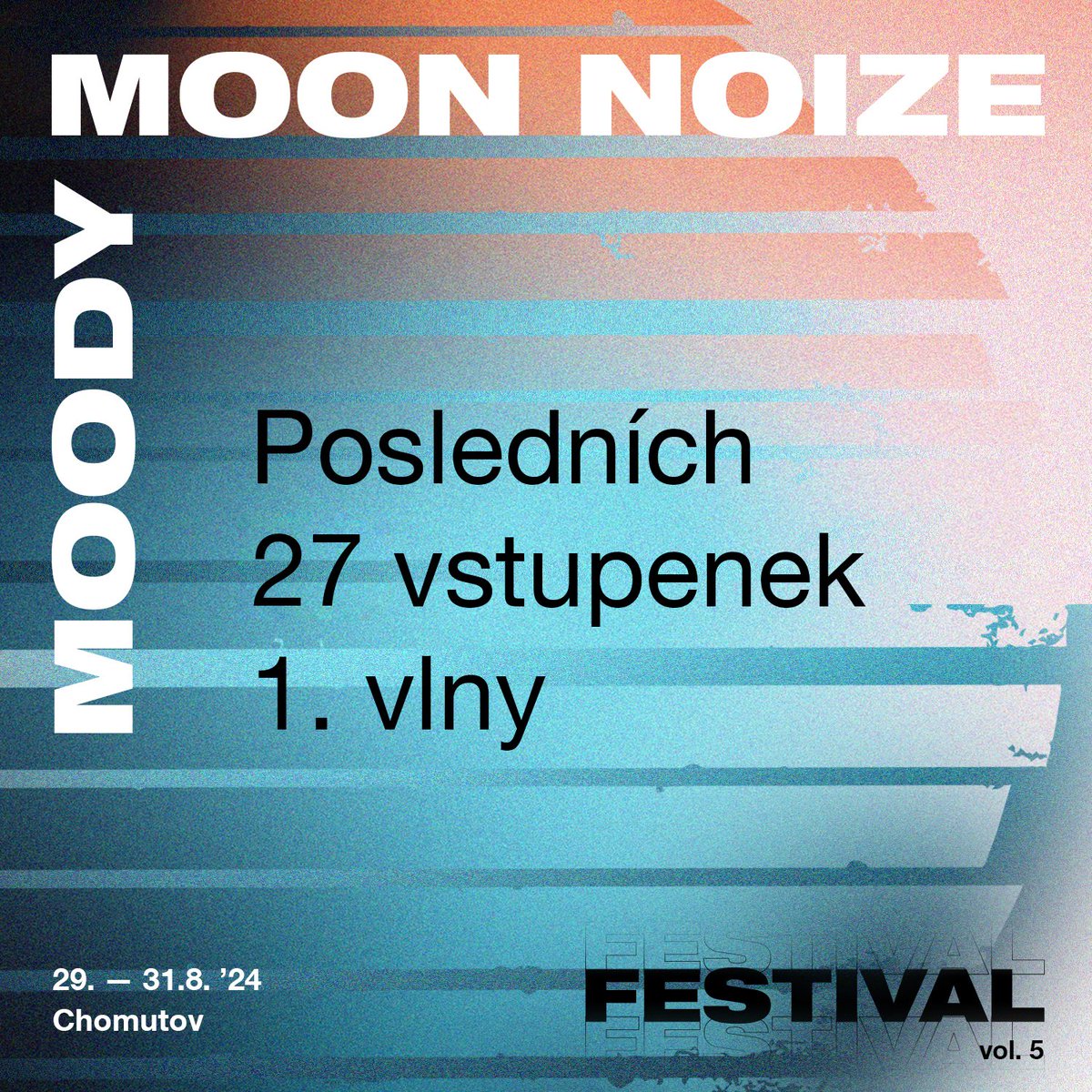 🚨🎫
V prodeji za 601 kč už jen 27 posledních lupenů, tak kupujte, než dojde ke zdražení ve středu, kdy zároveň oznámíme první jména line-upu.
👉moodymoonnoize.cz/vstupenky/