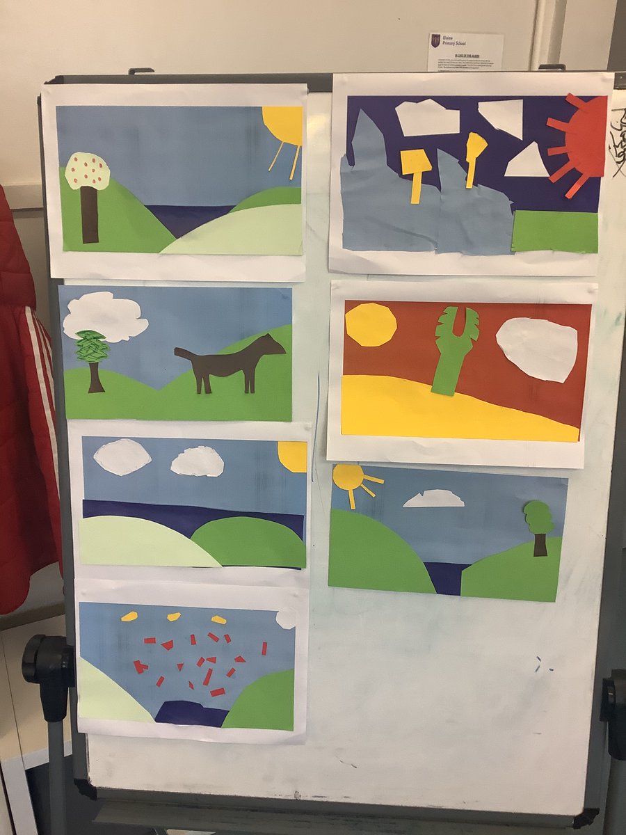 Today in Picasso Class we continued our work on different texture techniques and used cut out collage shapes to create landscapes