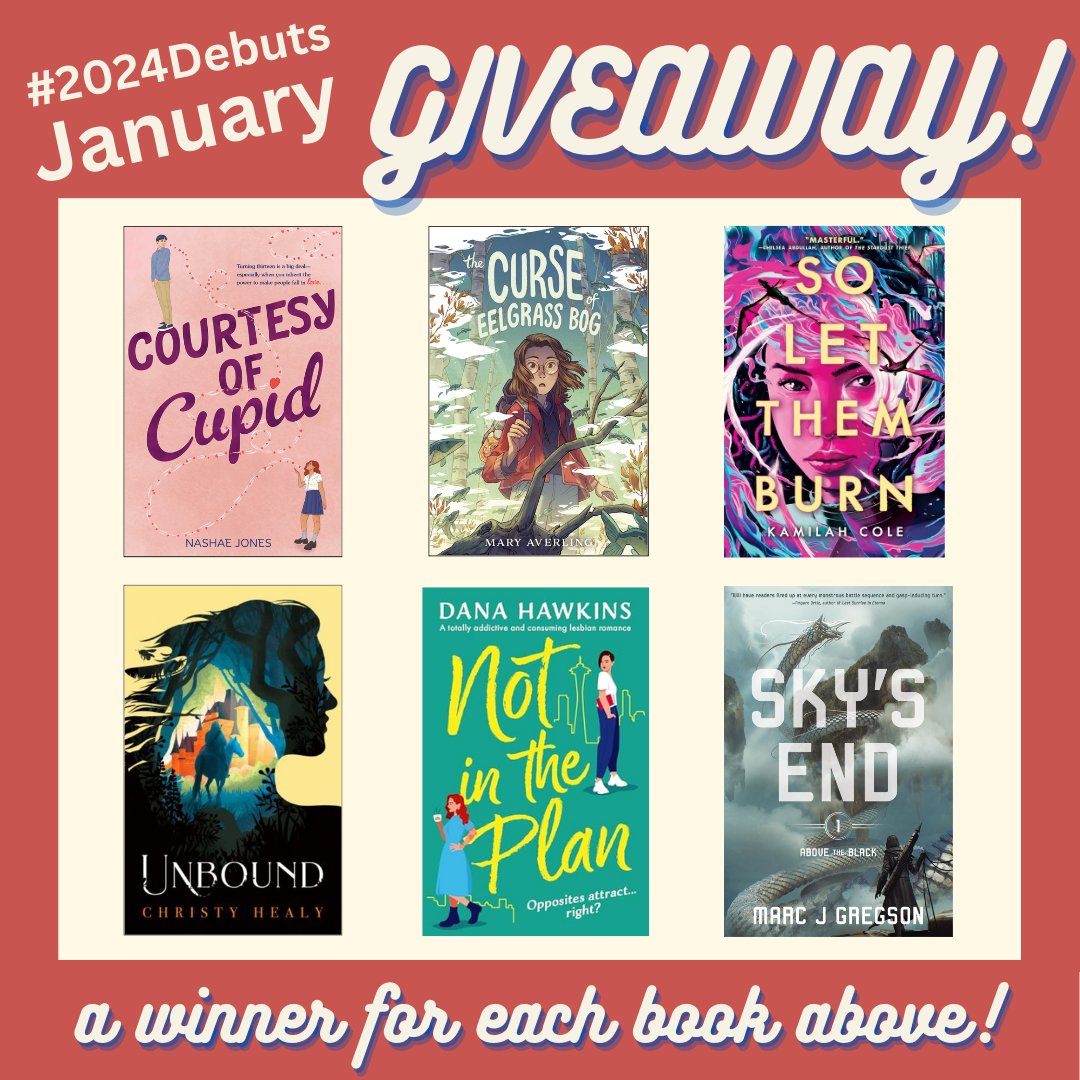 Our very first giveaway is here! Enter for your chance to win one of the January #2024Debuts books below!
To enter:
-Follow us! 
-RT 
-Comment with the book from our graphic you're excited about!
Every book will have a winner picked on Feb 1st! 
(Open US &amp; intl. where allowed)