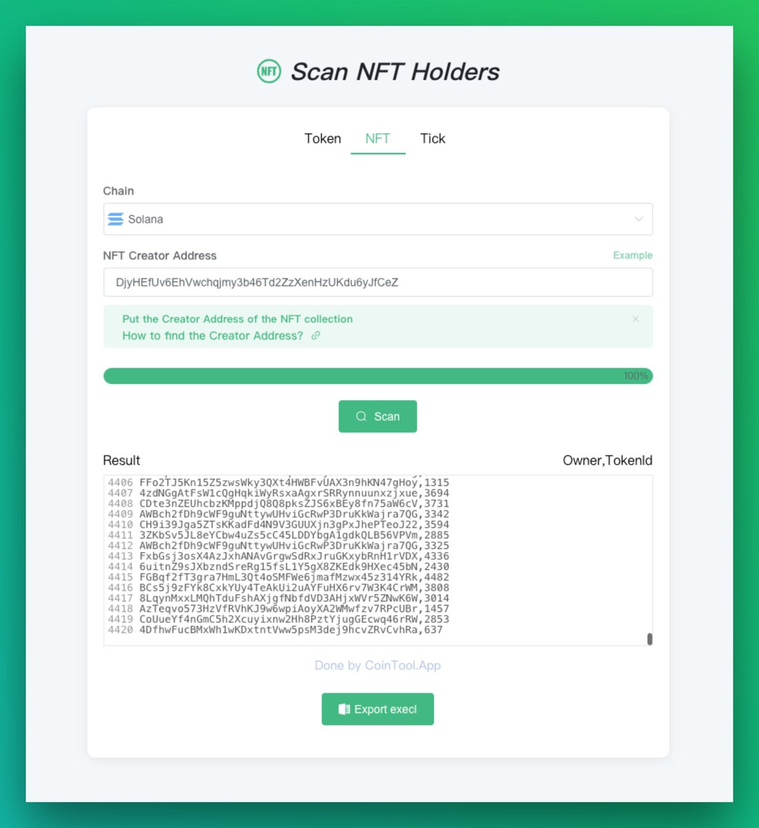 New Tools - Solana Scan NFT Holders ⚒️ Snapshot Solana NFT Holders 🔗  https://t.co/rphMrFaD3B Tips: You need to enter the NFT Creator Address for  the query. How to find the Creator Address?