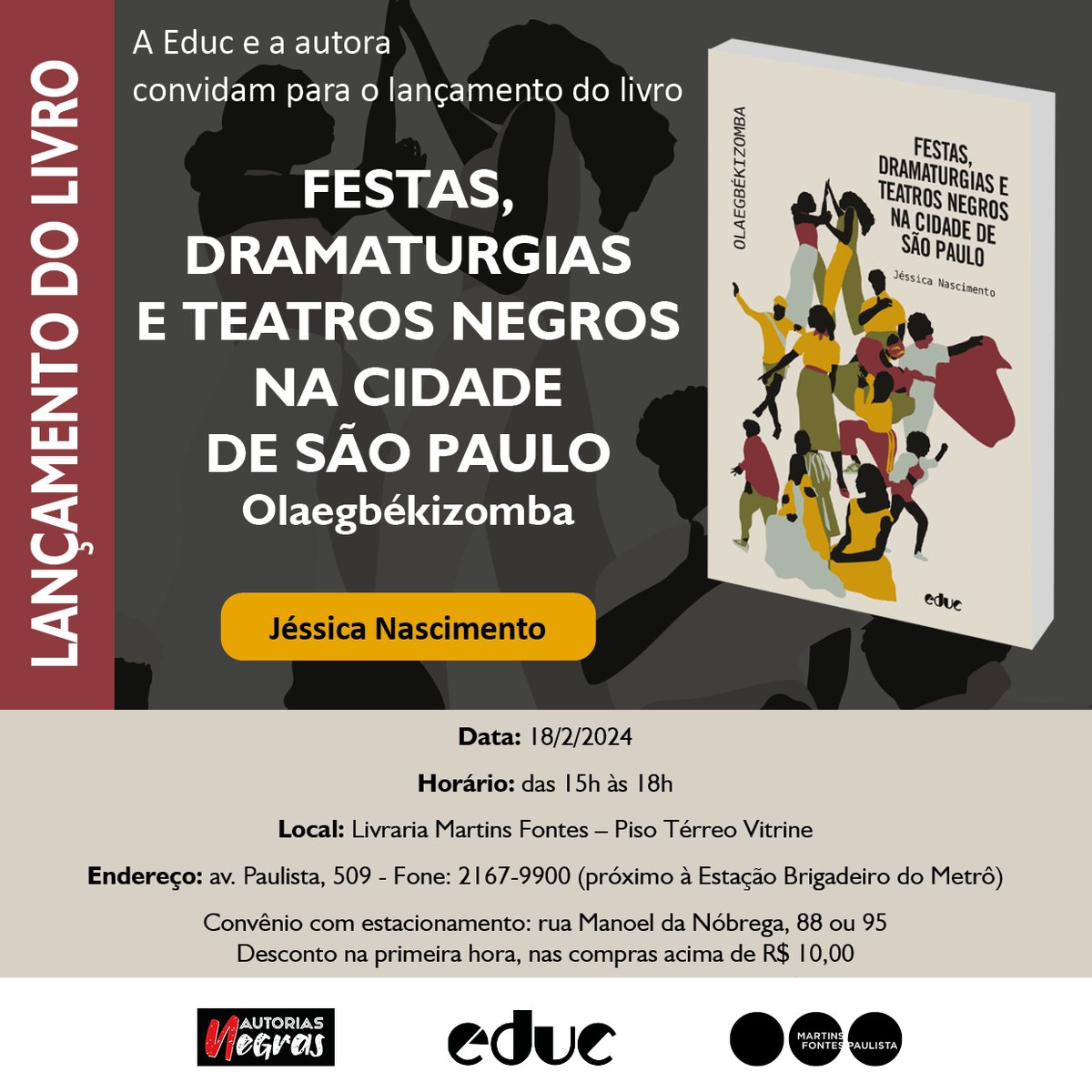 O lançamento do livro Festas, Dramaturgias e Teatros Negros será dia 18/02 às 15h na livraria Martins Fontes Paulista @martinsfontespaulista, não percam!