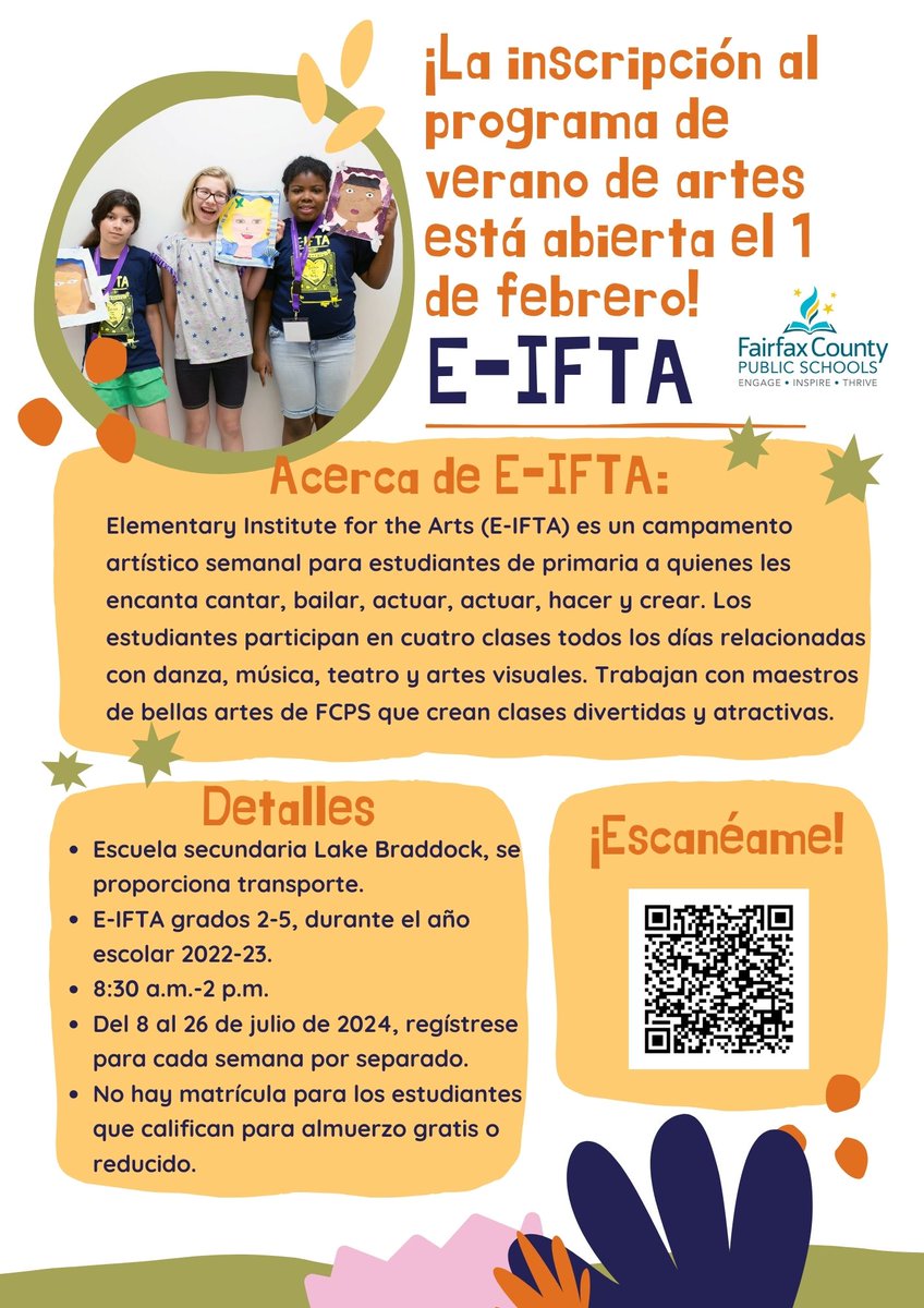 ¿Sabías que...E-IFTA es un campamento artístico semanal para estudiantes de primaria a quienes les encanta cantar, bailar, actuar, actuar, hacer y crear? La inscripción de verano comienza el 2/1. Consulte el folleto para obtener más detalles.