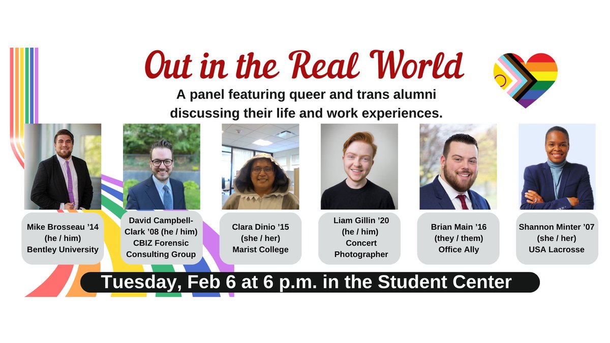MaristCCS's tweet image. RSVP in Handshake now for the Out in the Real World Panel: bit.ly/3ue3ffy
Join us next Tuesday night, February 6, for a panel featuring queer and trans alumnae/i of Marist College discussing their life and work experiences. There will be time for Q&amp;amp;A.