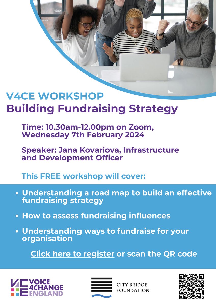 V4CE's tweet photo. #CatalystProgramme

Join our free online workshop, supported by @CityBridgeFndn, to learn practical tips on how to build a successful #fundraising strategy for your organisation or audience.

⏲️10:30am-12:00pm, Wednesday 7th February

Register here: https://t.co/niGYcPTWfc https://t.co/p1Ct6fuBlH