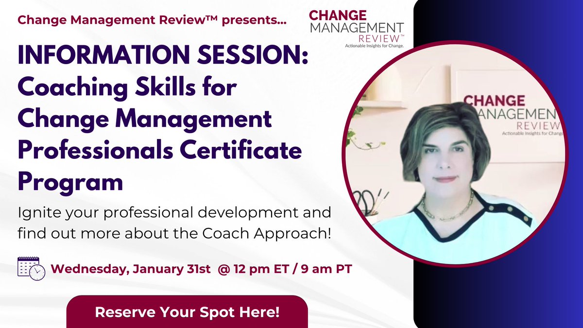 Curious about the Coach Approach in change management? Elevate your consulting game with key coaching skills &amp; mindset. 💼✨

Join us for the Coaching Skills for Change Management Professionals Certificate Program Info Session! 🚀
changemanagementreview.com/coachinginfo