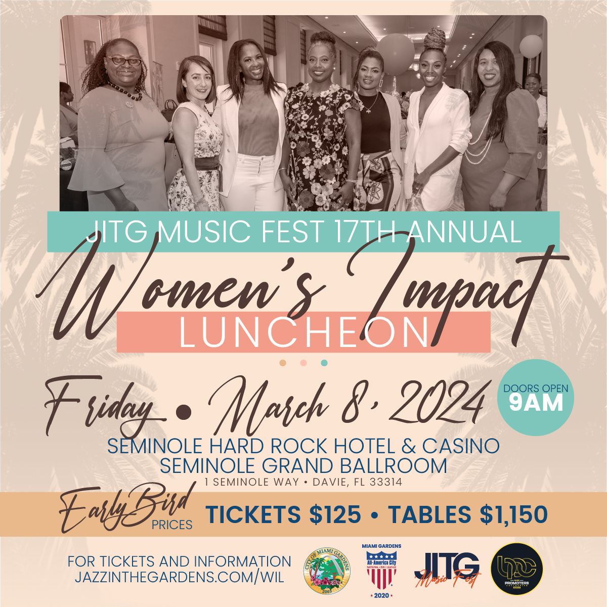 Early Bird tickets for the Women's Impact Luncheon are NOW AVAILABLE! 🎟️ Don't miss this empowering event on Friday, March 8. Celebrate Women's History Month with us in Miami Gardens at #JITG2024! Grab your tickets at jazzinthegardens.com and join us! 💫 #JITG #JITGMusicFest