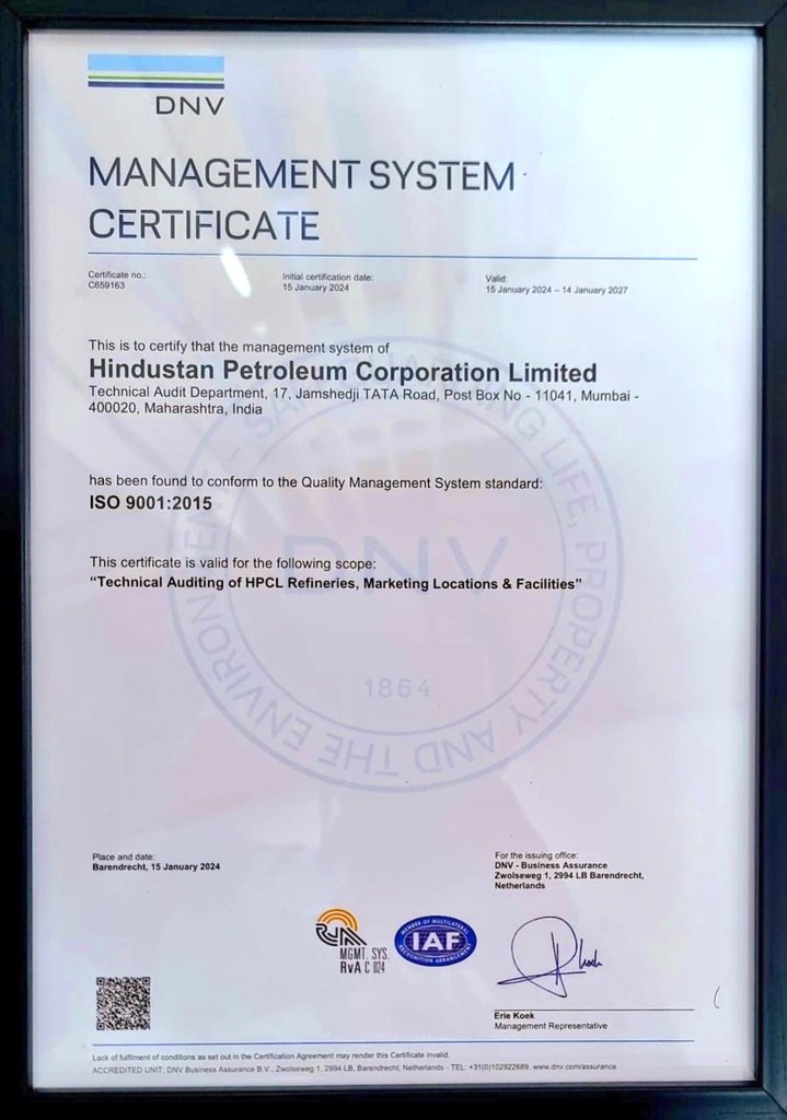 HPCL's tweet photo. We are proud to share that Technical Audit Wing, Internal Audit Deptt. #HPCL has been awarded  ISO 9001:2015 Quality Management System Certification, from M/s. DNV Business Assurance, Netherlands.
The award was presented by Indian Subcontinent Certification, India Business Assurance's Area Manager, Sh. Navnath Pendurkar to our ED-Internal Audit, Sh. S Balachander at Mumbai.
The certification involved subjecting our technical audit systems & processes to the External Audit Agency and getting ISO certified at 1st instance.
Kudos to Team #TechnicalAudit

#DeliveringHappiness
#HPTowsrdsGoldenHorizon
#ISOCertification @DNV_Group
@HardeepSPuri
@Rameswar_Teli @Secretary_MoPNG @PetroleumMin @fipiind @PPACIndia