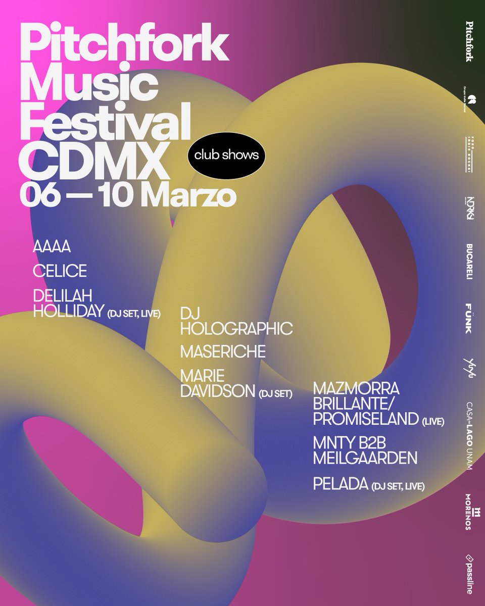 Ha llegado el lineup completo de Pitchfork Music Festival CDMX, 5 días de música en 5 recintos icónicos de la Ciudad de México: Casa Del Lago, Frontón Bucareli, Foro Indie Rocks!, FÜNK Y Yuyu.🔹 #PitchforkCDMX 🔹